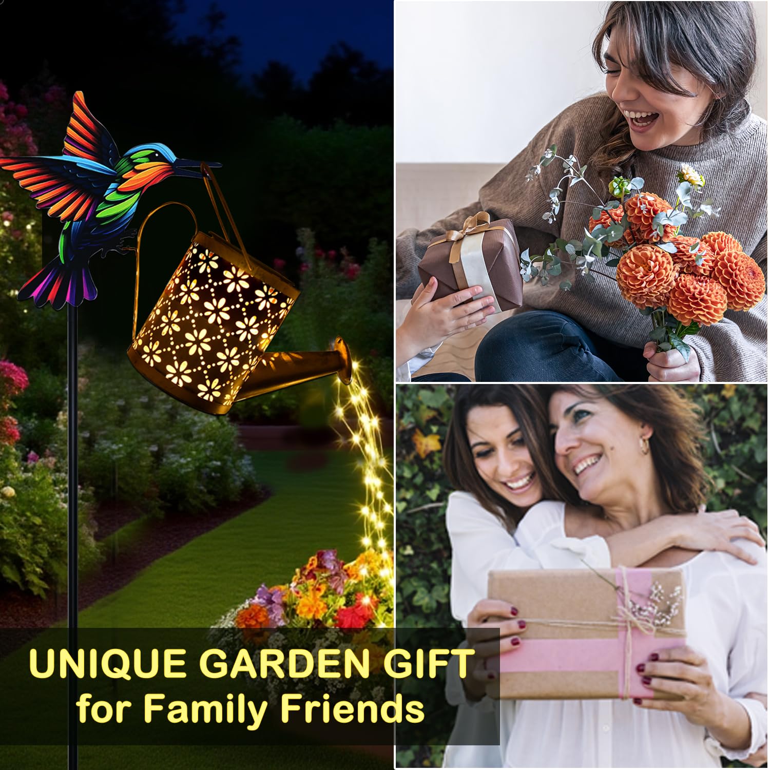 Solar Watering Can with Cascading Lights Outdoor Garden Decor, Gardening Gifts for Mom Women Grandma Birthday, Solar Lights for Garden Decorations Patio Yard Lawn Backyard