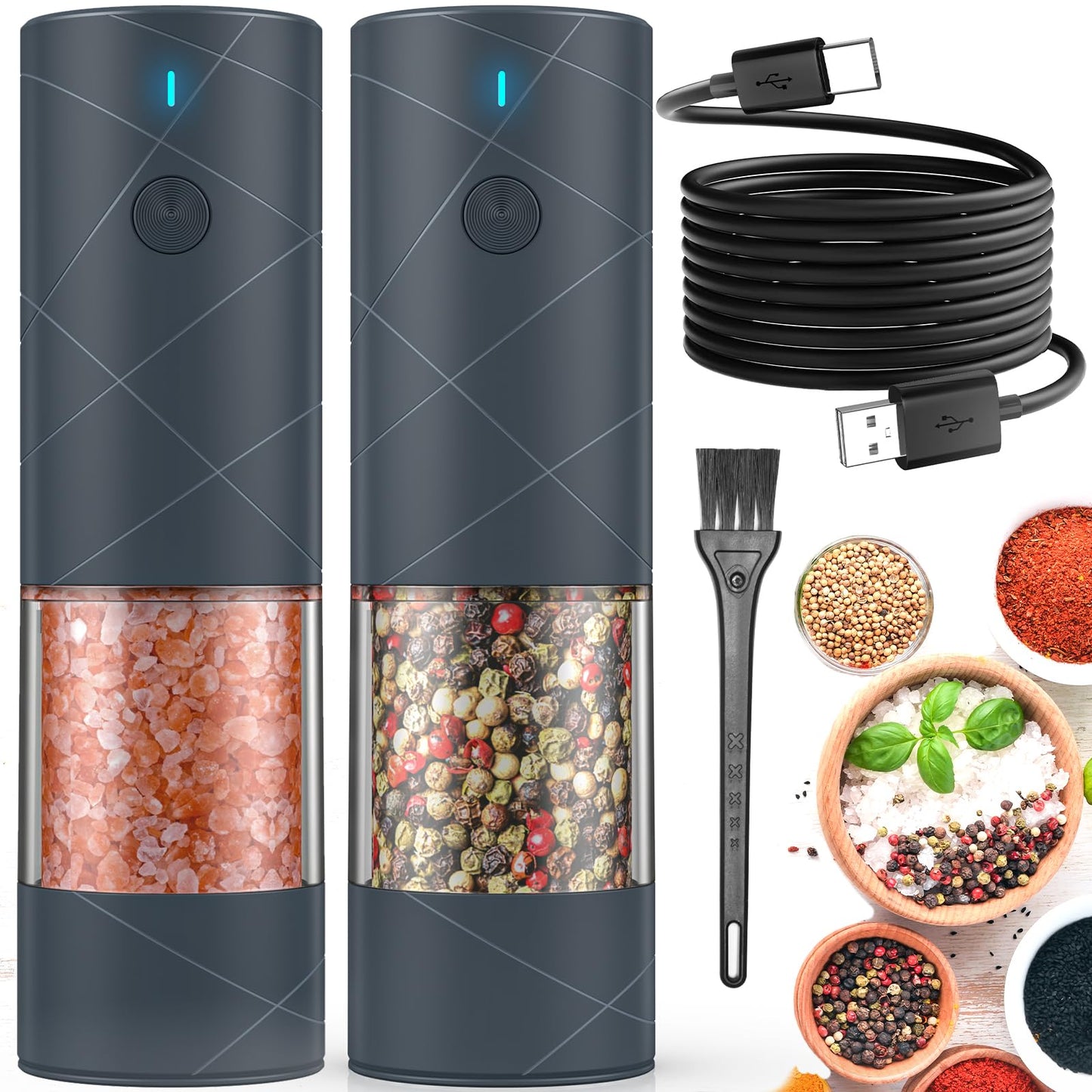 Electric Salt and Pepper Shakers Set Rechargeable with LED Light, Adjustable Coarseness Lidaop Large Capacity Automatic Salt Pepper Mill Grinder for Kitchen, Restaurant, Outdoor