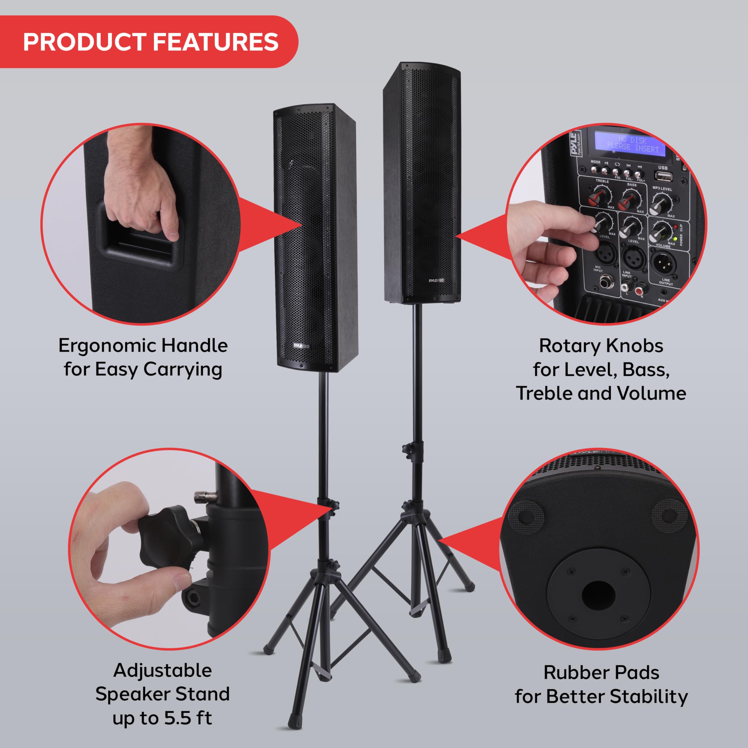 Pyle 2000W Bluetooth PA Speaker System - Active & Passive Outdoor Party Speaker w/ Built-In Party LED Lights & FM Radio - USB/AUX/XLR/RCA/SD Inputs - Includes 2x Tripod Stands & Remote Control