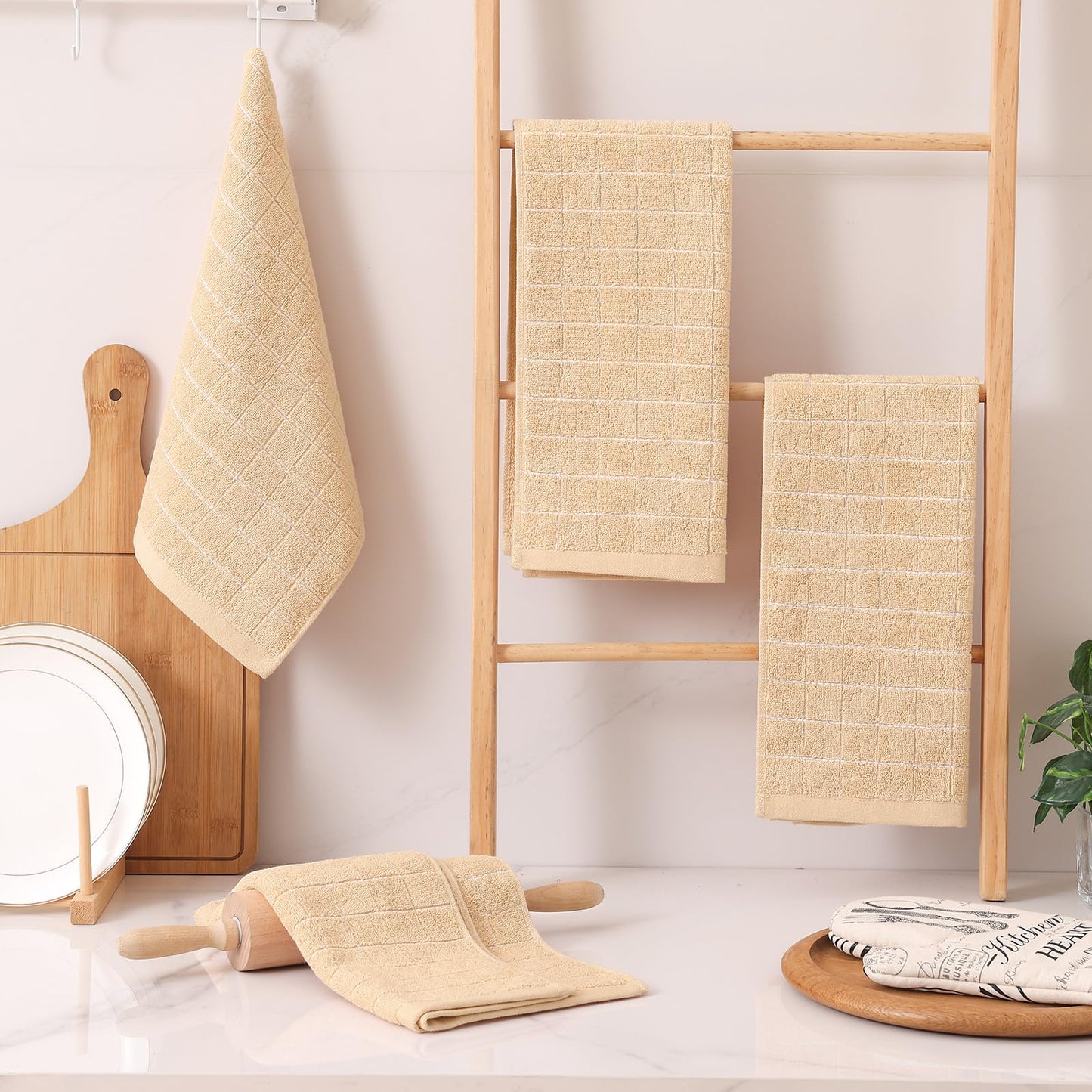 Homaxy 100% Cotton Terrycloth Check Design Dish Cloths & Dish Towels, Soft and Absorbent, Perfect for Kitchen Drying and Washing