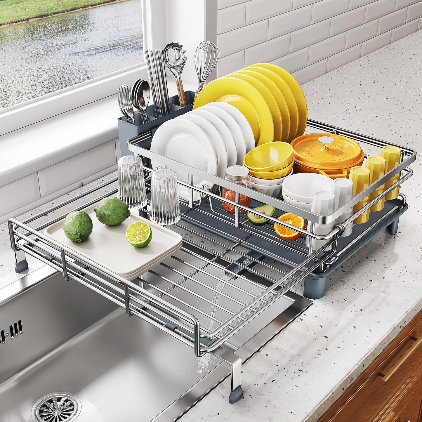 Dish Drying Rack - Extendable Dish Rack, Large Sink Drying Dish Drainer for Kitchen Counter, Stainless Steel Dish Strainer with Utensil Holder