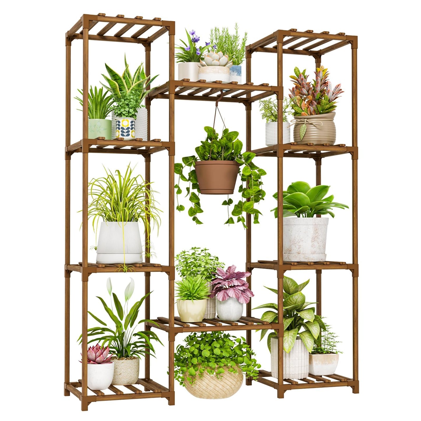 Bamworld Wood Plant Stand - Indoor/Outdoor Hanging Shelf for Multiple Plants, Tall Large Holder for Living Room, Patio, Balcony, Garden 02Futi