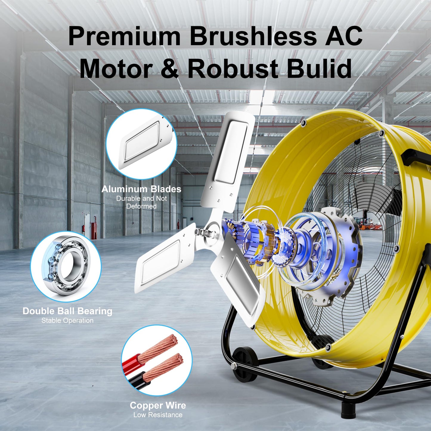 MEPTY High Velocity Industrial Drum Fan, 3 Speed Floor Fan Heavy Duty Metal Air Circulator for Warehouse, Workshops, Garage, Factory, Commercial Outdoor Use
