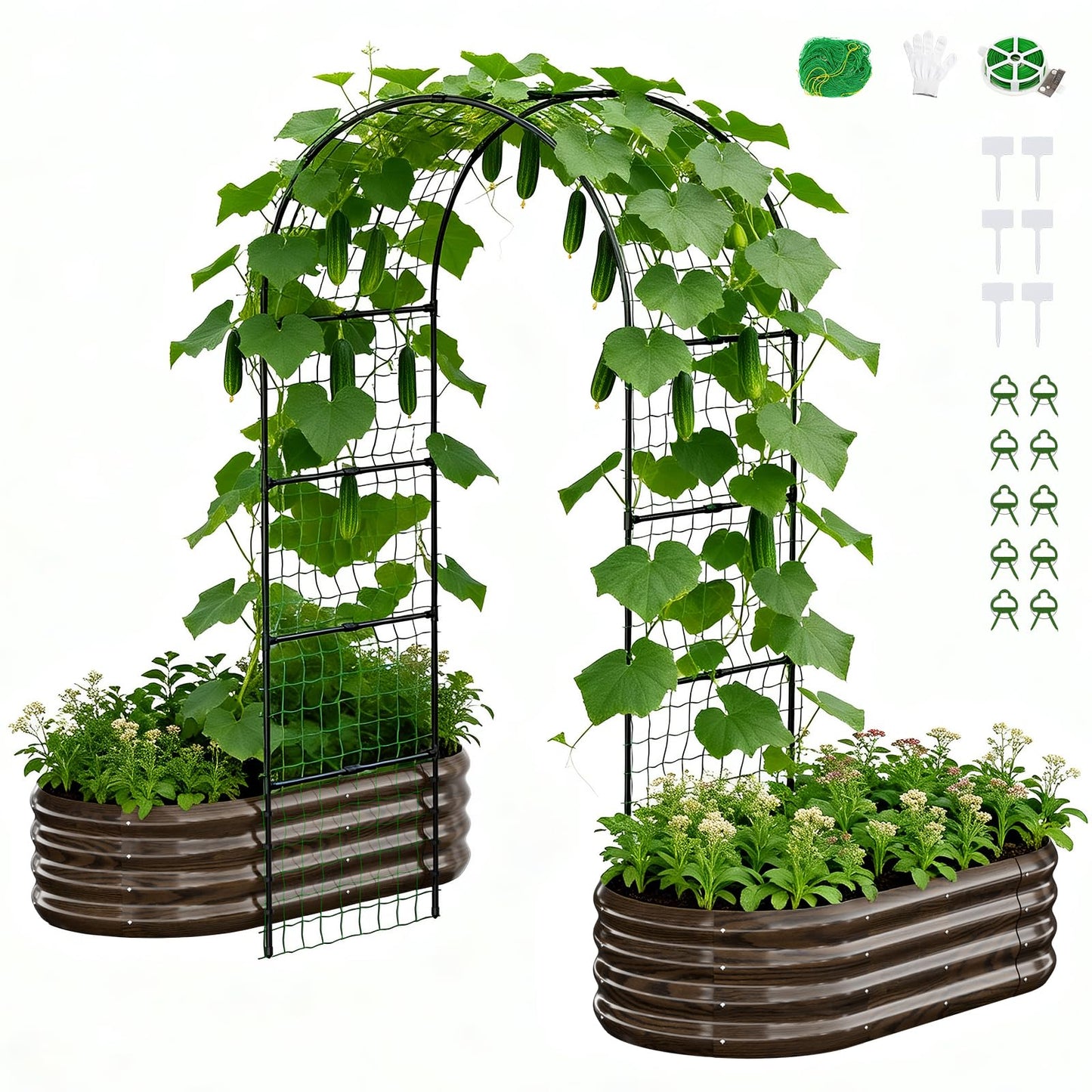 DoCred Raised Garden Bed with 87in Tall Arch Trellis for Climbing Plants, Galvanized Planter Garden Box Outdoor for Gardening, Climbing Vegetables, Flower