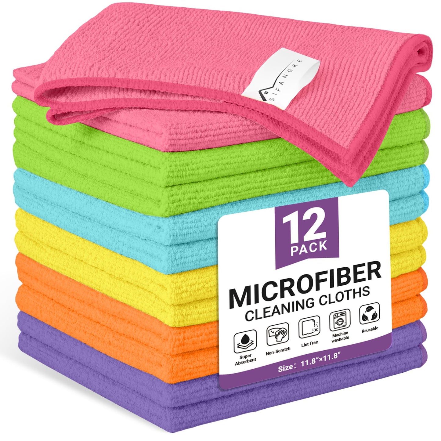 SIFANGKE Microfiber Cleaning Cloth, Lint-Free and Highly Absorbent Rags, Reusable Microfiber Towels for Car, Kitchen, Bathroom and Household Cleaning Supplies, 11.8"X11.8"