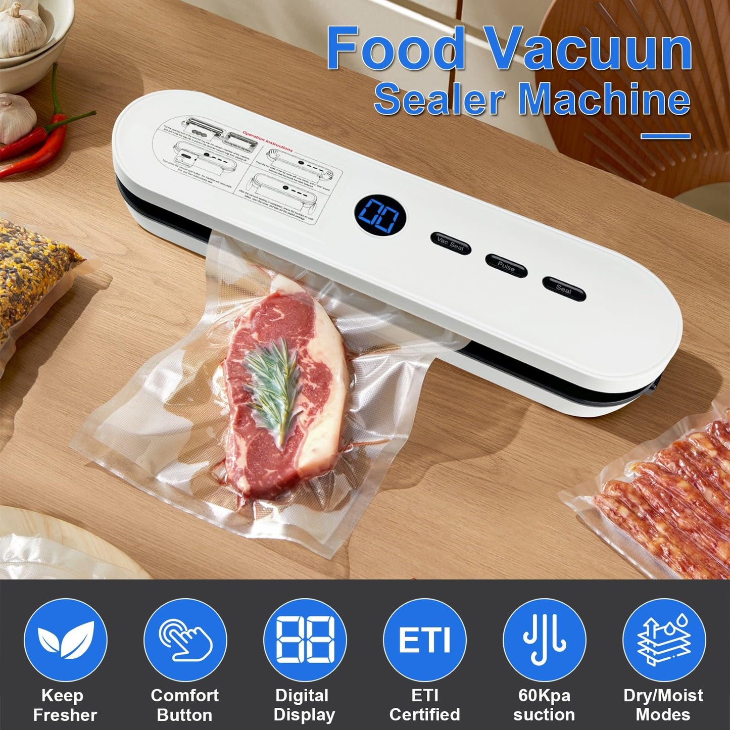 65KPa Automatic Food Vacuum Sealer,Small household vacuum sealer,food sealer,Digital Timer, Compact Design,with 10 Bags (white)