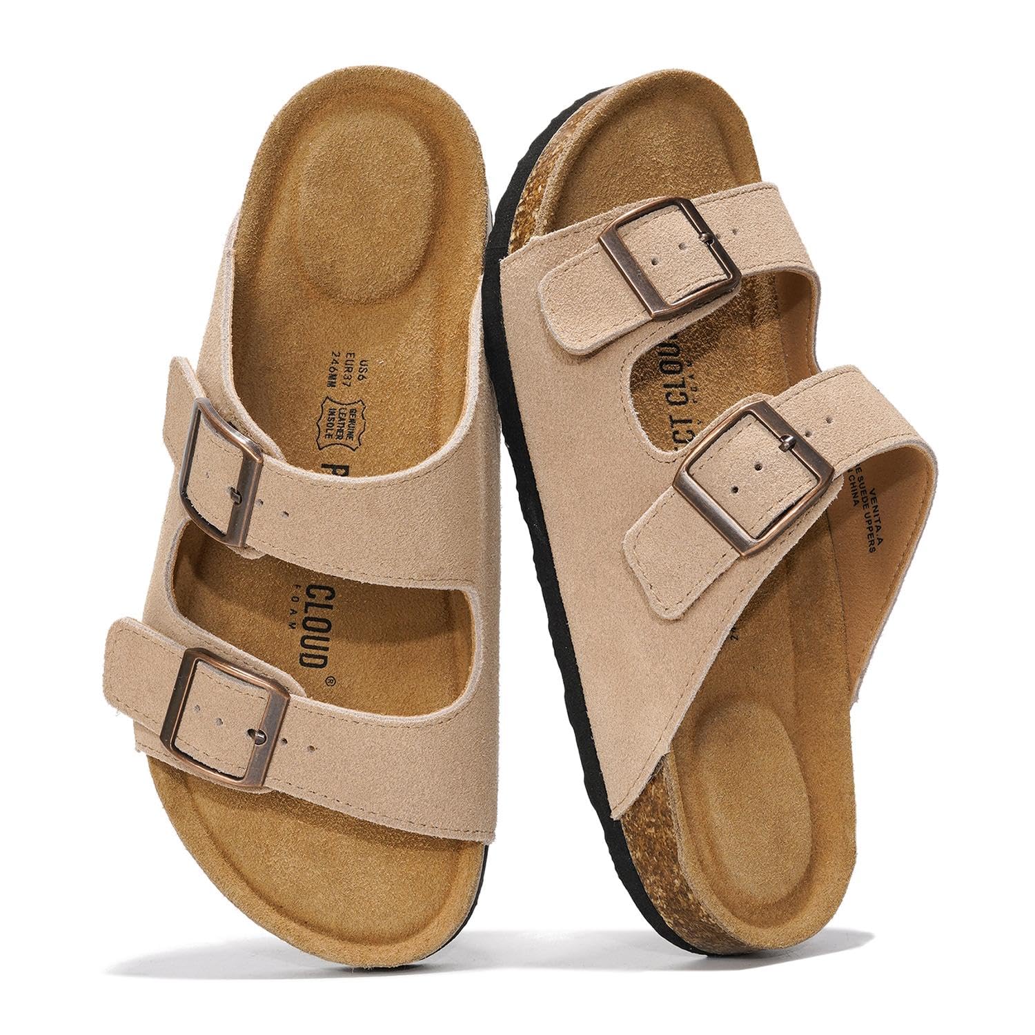Project Cloud 100% Genuine Leather Flat Sandals For Women 2026 Cork Footbed Womens Sandals with Memory Foam and arch support Vacation Essentials Slides for Women Footwear (Venita)