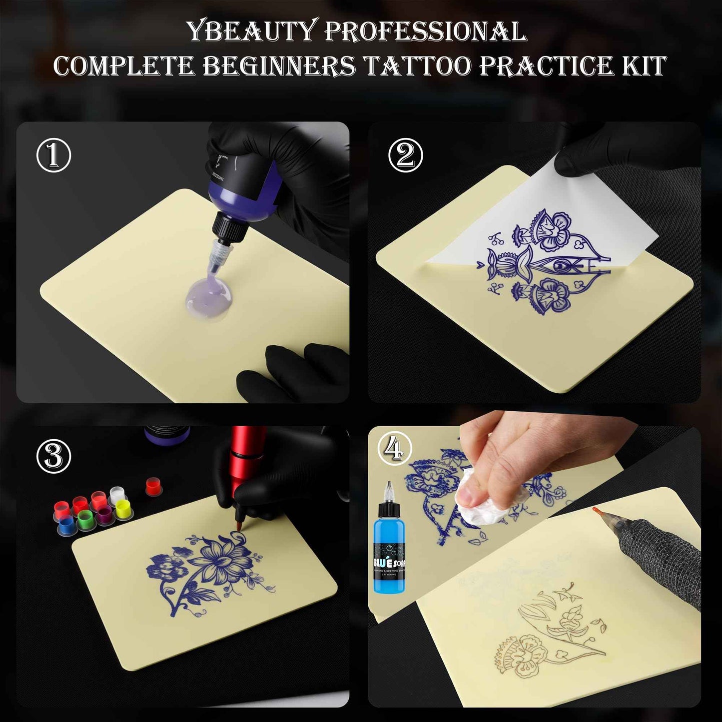 Tattoo Skin Practice Kit, Starter Tattoo Practice Kits with 2Pcs 3mm Fake Skins for Tattooing, 5Pcs Transfer Stencil Paper for Beginners Tattoo Practice Supplies
