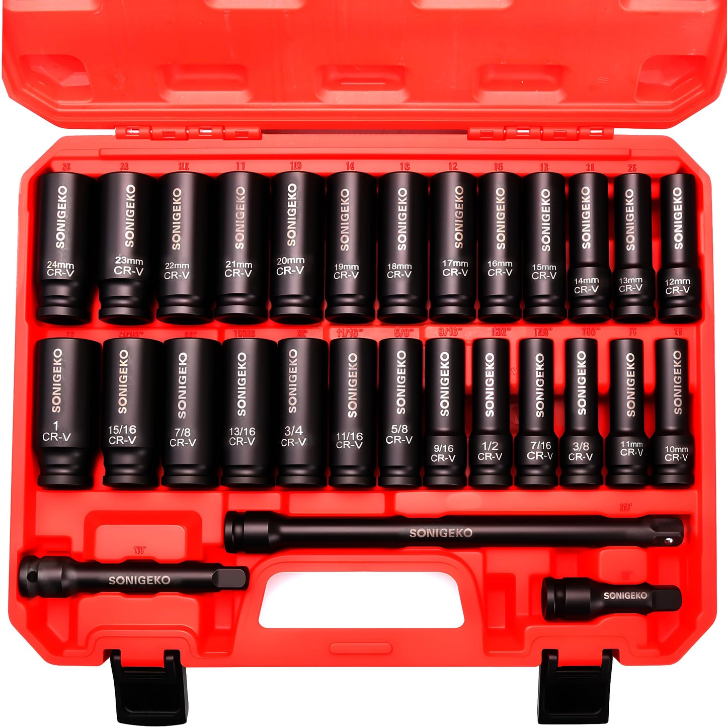 SONIGEKO Socket Set 1/2" Drive Impact Socket Set,29-Piece 6 Point Deep Socket Set Standard SAE and Metric