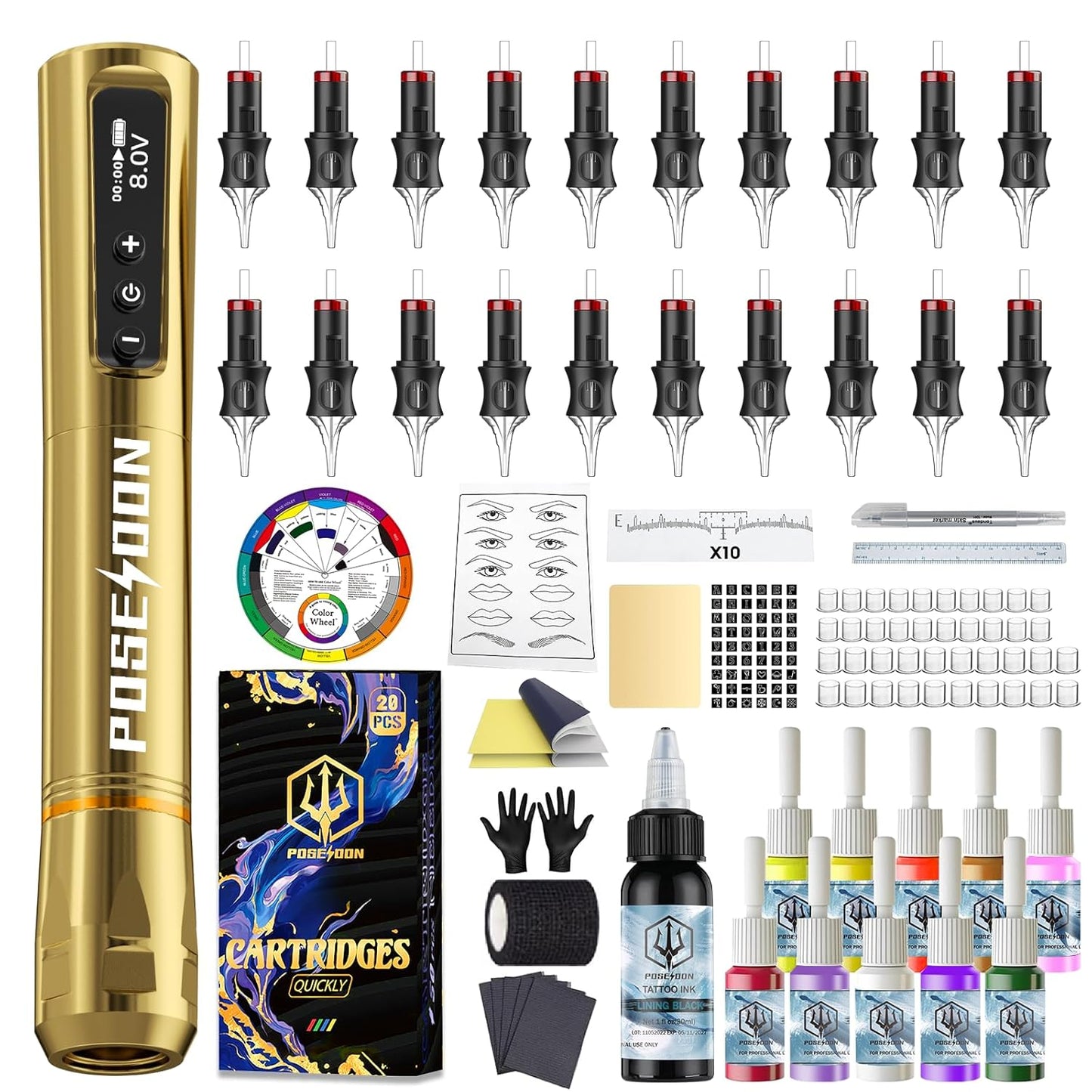 Poseidon Tattoo Gun Kit 1000mAh Semi-Permanent Makeup Machine 20 Needles