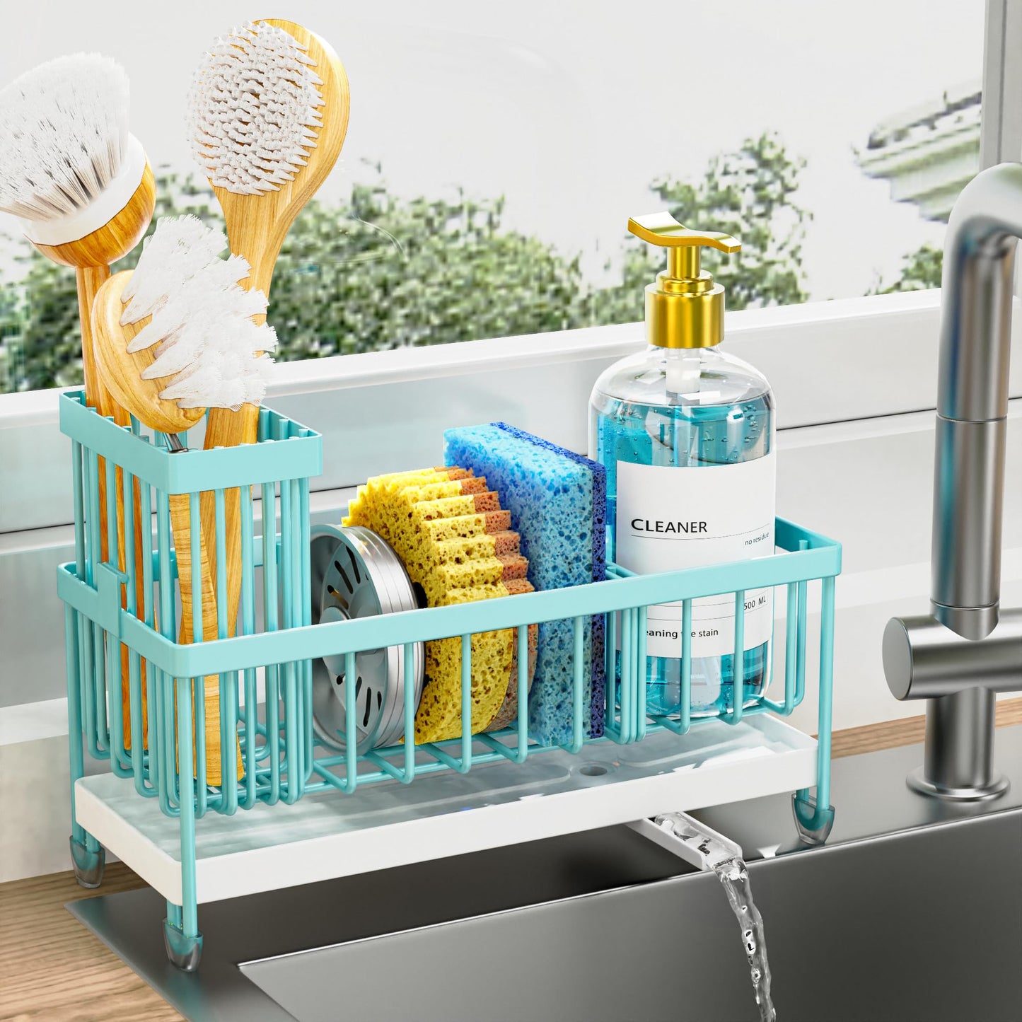 Cisily Sponge Holder for Kitchen Sink, Sink Caddy Organizer with High Brush Holder, Kitchen Countertop Organizers and Storage Essentials, Rustproof 304 Stainless Steel