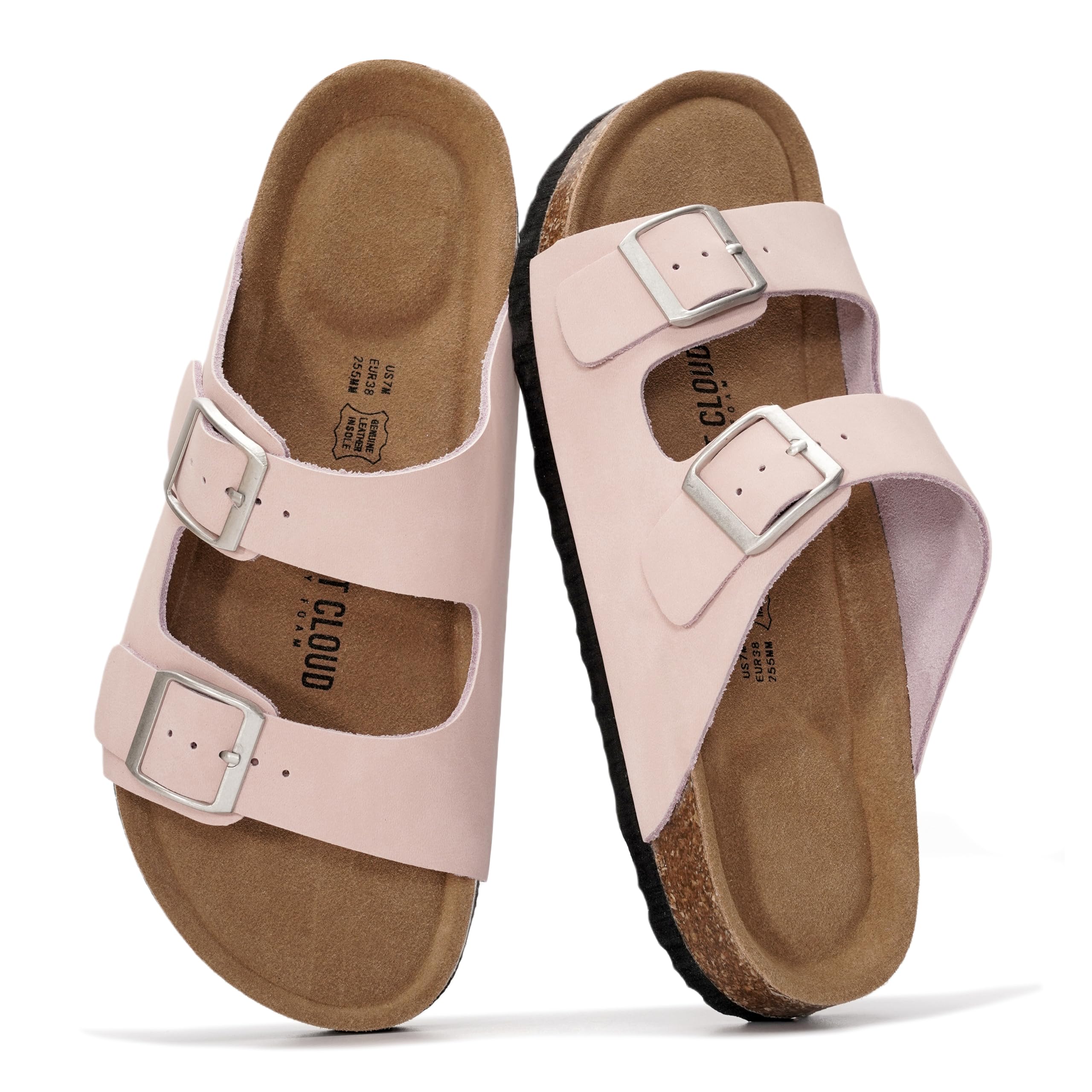 Project Cloud 100% Genuine Leather Flat Sandals For Women 2026 Cork Footbed Womens Sandals with Memory Foam and arch support Vacation Essentials Slides for Women Footwear (Venita)