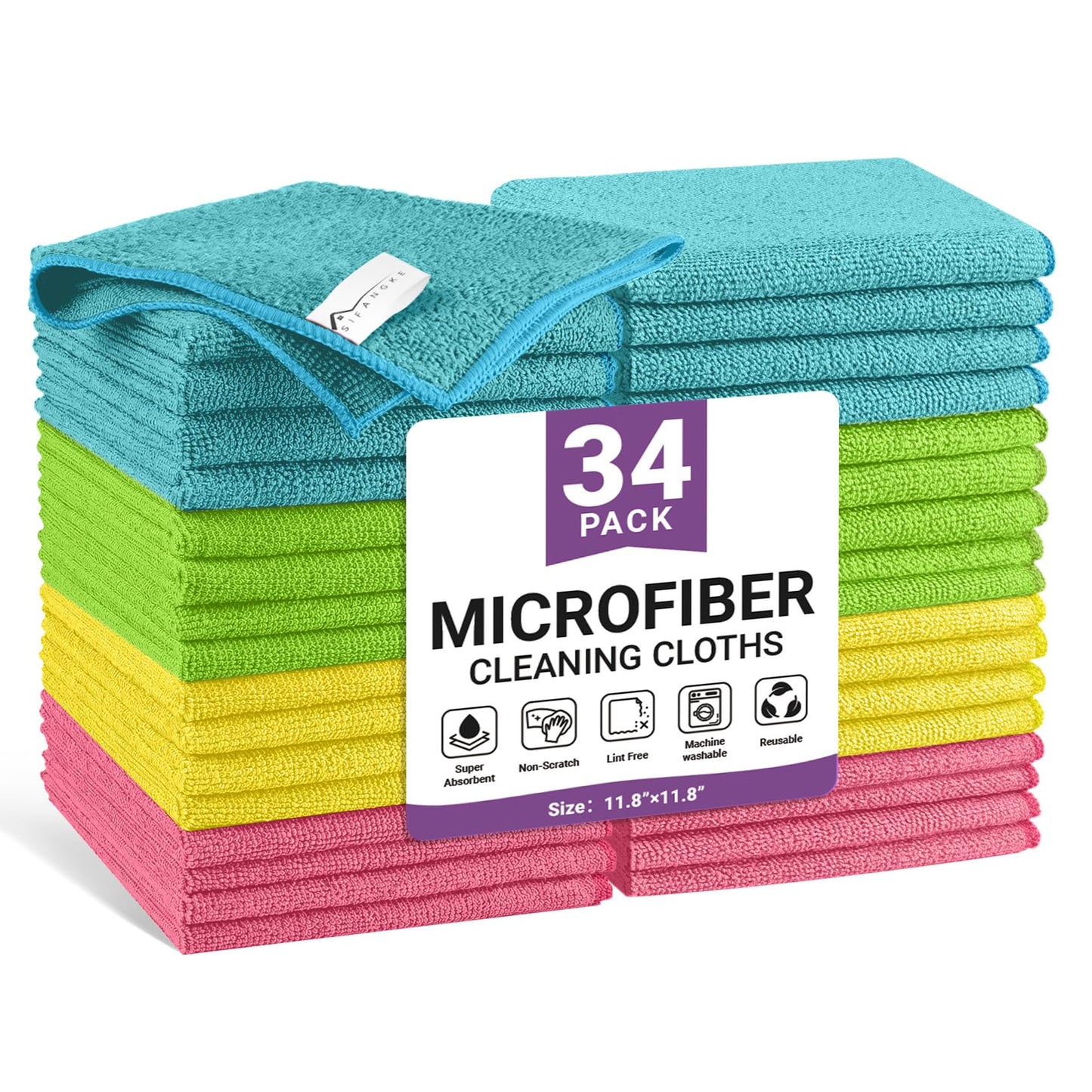 SIFANGKE Microfiber Cleaning Cloth, Lint-Free and Highly Absorbent Rags, Reusable Microfiber Towels for Car, Kitchen, Bathroom and Household Cleaning Supplies, 11.8"X11.8"