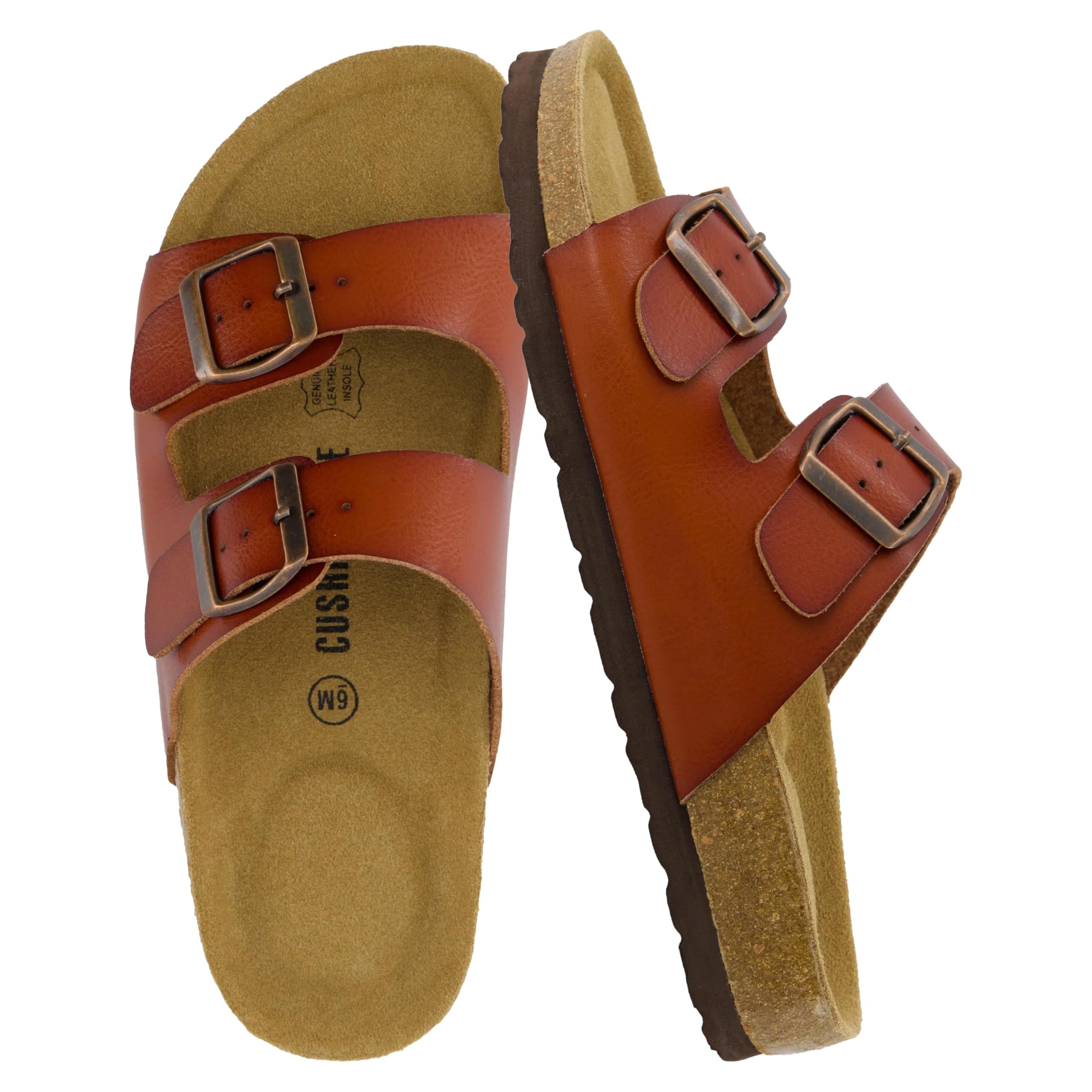 CUSHIONAIRE Lane Cork Footbed Sandals for Women – Comfortable Double Buckle Slip-On with Genuine Suede Footbed & Arch Support Slides for Women Footwear