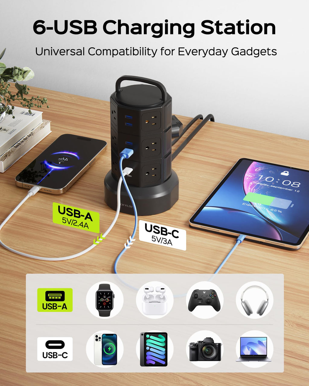 Power Strip Tower Surge Protector, JACKYLED 1625W 13A Outlet Surge Electric Tower, 12 Outlets 6 USB Ports Charging Station with 16AWG 6.5ft Heavy Duty Extension Cord for Home Office Dorm