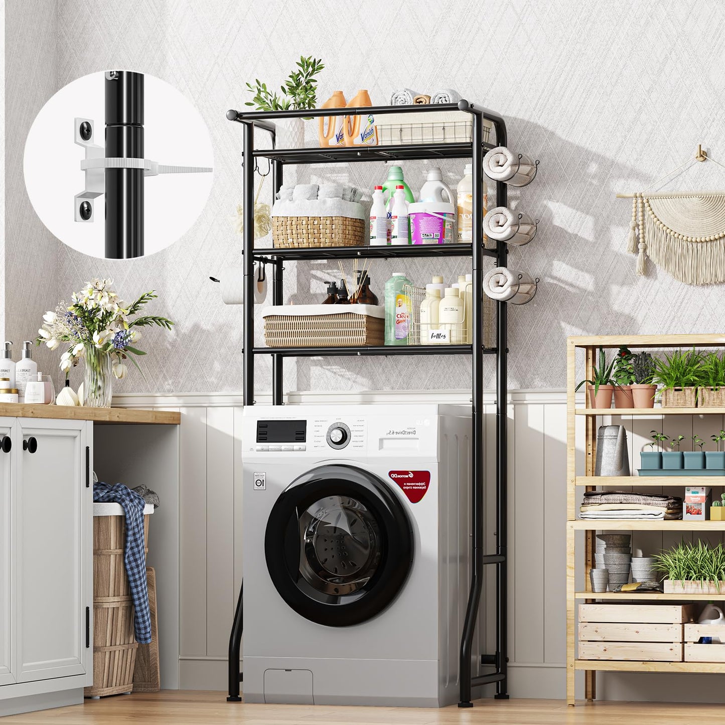 Simple Trending Over The Toilet Storage Cabinet, Metal Bathroom Shelf Organizer with Paper Holder and Hooks, 3 Tier, Black