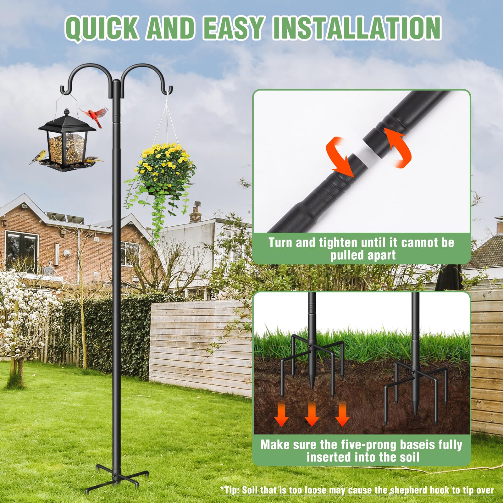 Surprizo Double Shepherds Hooks for Outdoor, Heavy Duty Bird Feeder Pole with 5-Prong Base - Rust-Proof, Adjustable Bird Feeder Hanger for Garden, Wedding Decor & Hanging Plants