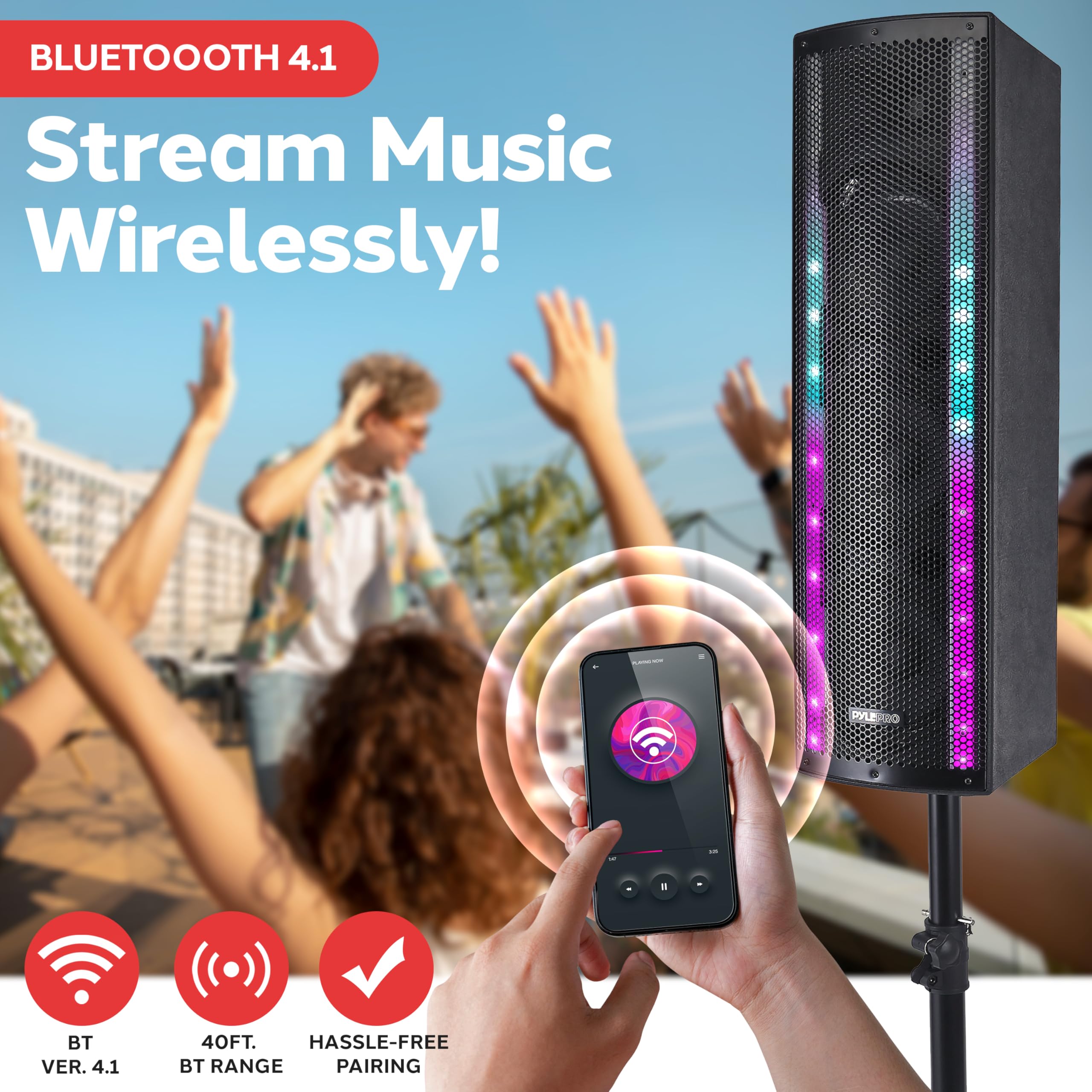 Pyle 2000W Bluetooth PA Speaker System - Active & Passive Outdoor Party Speaker w/ Built-In Party LED Lights & FM Radio - USB/AUX/XLR/RCA/SD Inputs - Includes 2x Tripod Stands & Remote Control