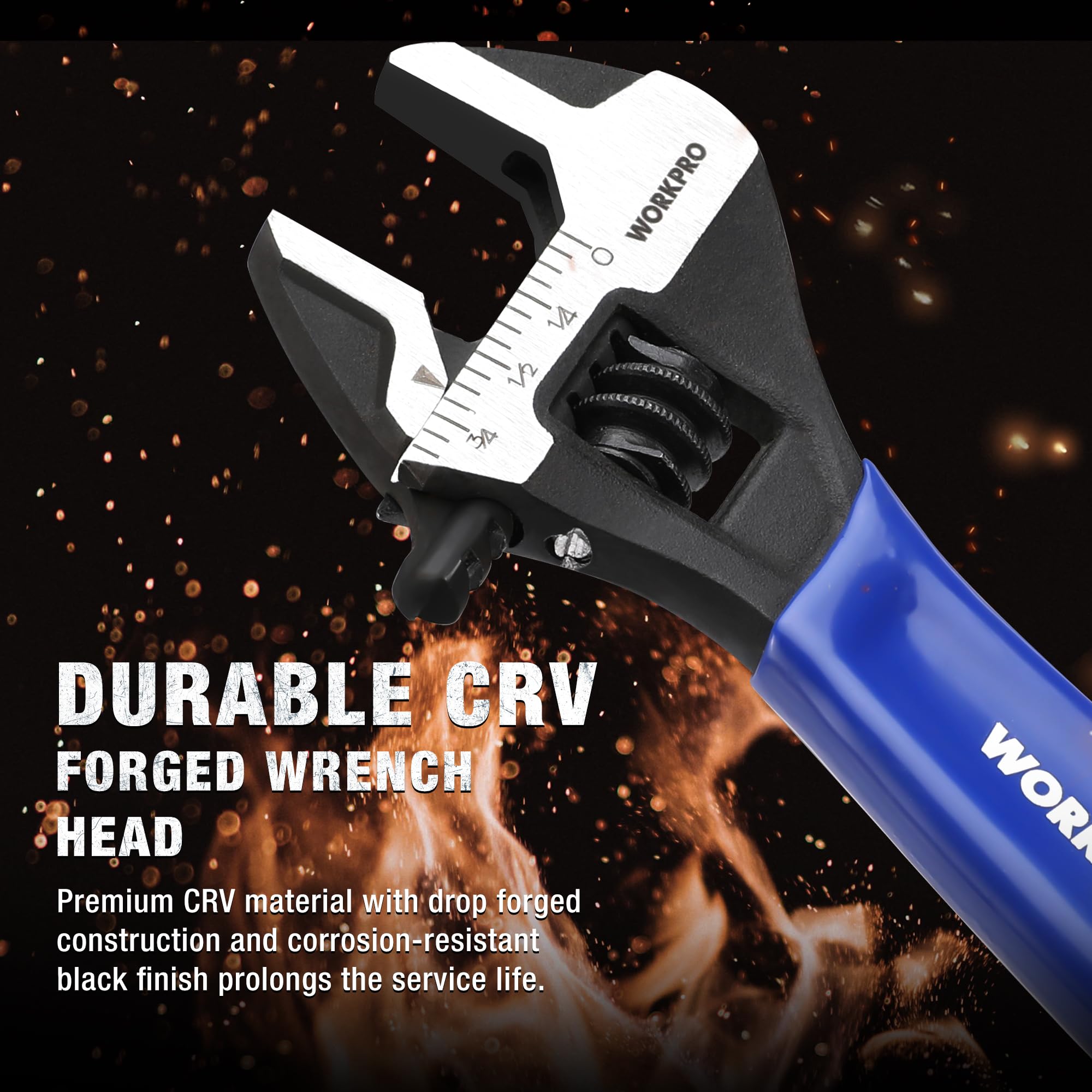WORKPRO Adjustable Wrench, Cr-V Steel Wide Jaw Black Oxide Wrench