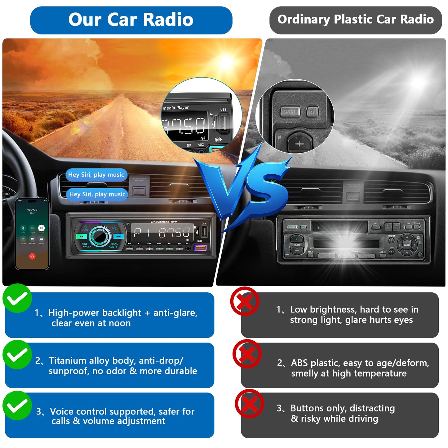 Marine Radio Single DIN Bluetooth Car Stereo System, Boat Radio Receiver Head Unit with Built-in Mic, Digital LCD, FM, EQ, MP3, RCA, USB, TF Card & Remote Control for Audio Upgrade
