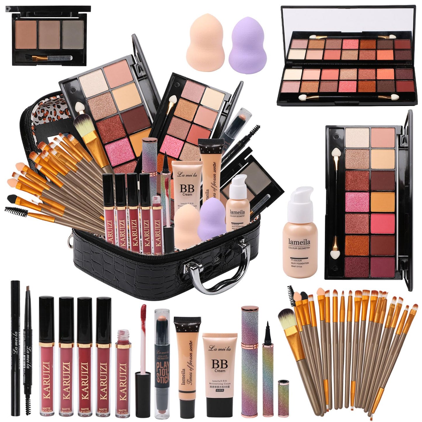 All in One Makeup Kit Full Kit Multipurpose Essential with Eyeshadow Palette,Lip Gloss,Foundation,Mascara,Eyebrow Pencil,Eyeliner,Contour Stick,Powder Puff,Makeup Brushes,Cosmetic Bag,Makeup Set for Women