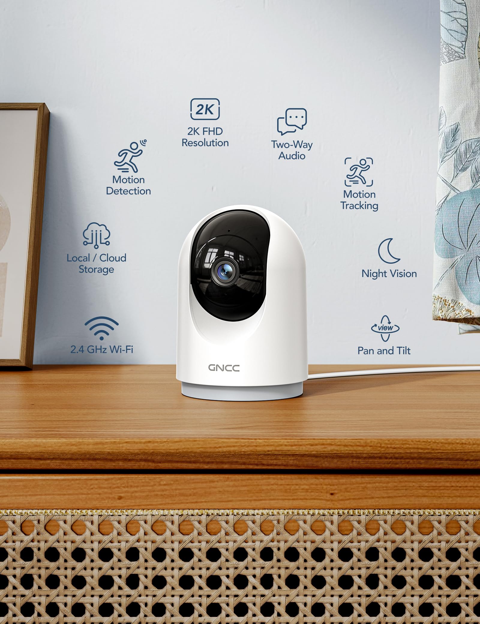 GNCC Indoor Security Camera, 2K Cameras for Home Security with Motion Detection, Baby/Pet Camera with Phone App, Night Vision, 2-Way Audio, TF/Cloud Storage, Works with Alexa & Google Home, 2.4G WiFi