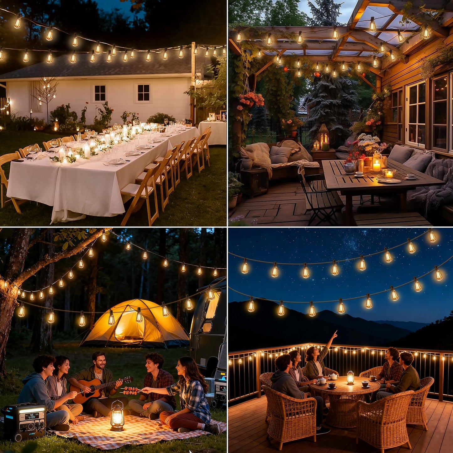 Skoiuc Solar String Lights Outdoor Waterproof with Remote & Timer, LED Shatterproof ST38 Bulbs, USB & Solar Powered Patio Lights for Backyard, Porch, Garden, Wedding, Christmas Decor