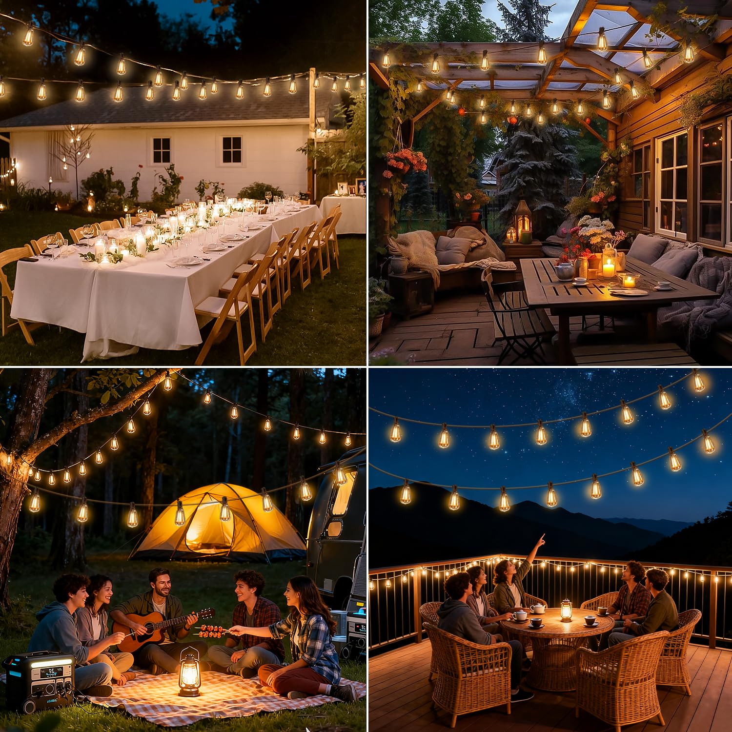 Skoiuc Solar String Lights Outdoor Waterproof with Remote & Timer, LED Shatterproof ST38 Bulbs, USB & Solar Powered Patio Lights for Backyard, Porch, Garden, Wedding, Christmas Decor