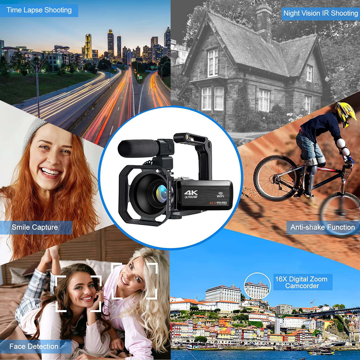 Acuvar 4K Video Camera Camcorder 48MP Auto Focus Vlogging Camera for YouTube 60FPS 18X Zoom Digital Camera WiFi, Mic, Stabilizer, 2 64GB SD Cards, 50" Tripod, Case, Charger, Card Reader
