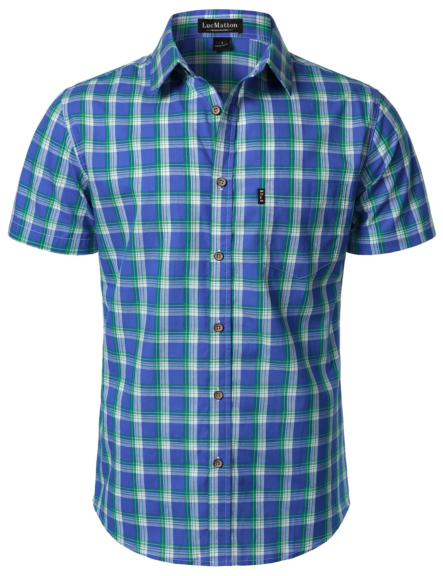 LucMatton Men's Gingham Short Sleeve Button Down Shirt Cotton Regular Fit Plaid Dress Shirts with Pocket