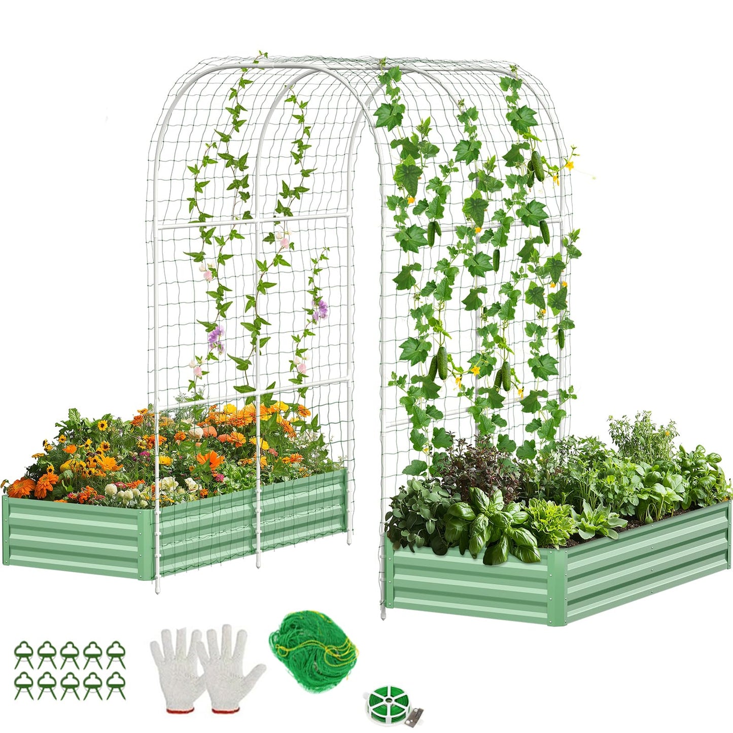 DoCred Raised Garden Bed with 87in Tall Arch Trellis for Climbing Plants, Galvanized Planter Garden Box Outdoor for Gardening, Climbing Vegetables, Flower