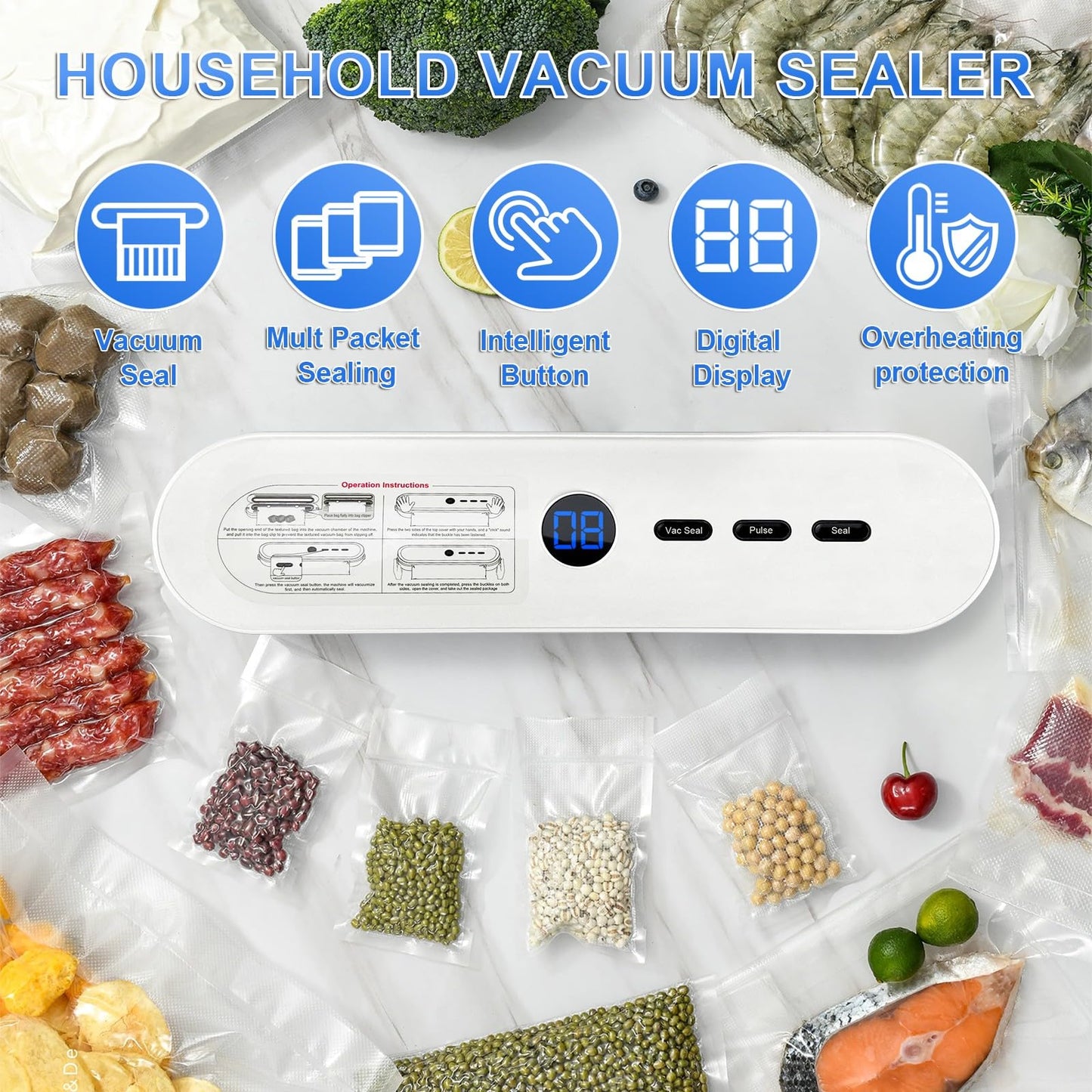 65KPa Automatic Food Vacuum Sealer,Small household vacuum sealer,food sealer,Digital Timer, Compact Design,with 10 Bags (white)