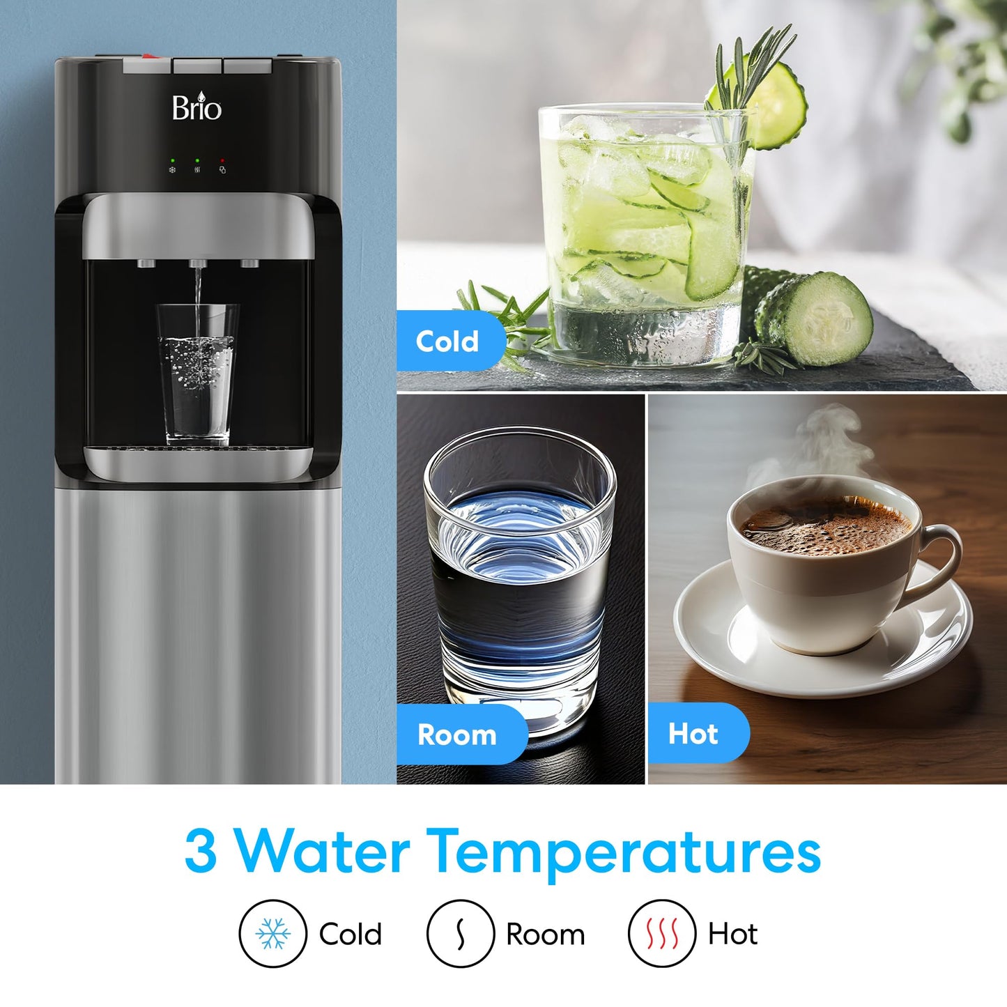 Brio - CLBL420V2 Bottom Loading Water Cooler Water Dispenser – Essential Series - 3 Temperature Settings - Hot, Cold & Cool Water - UL/Energy Star Approved