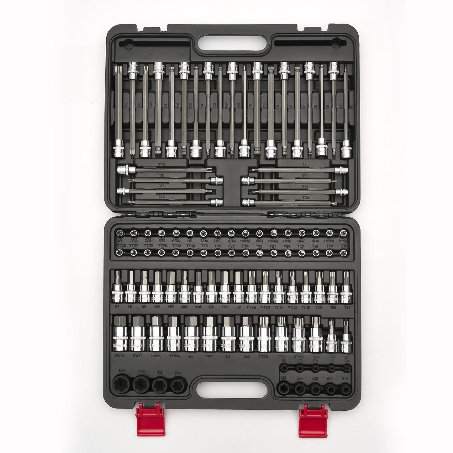 107-Piece Master Torx & Allen Bit Socket Set, S2 Steel, 1/4" 3/8" 1/2" Drive, Long Torx, Ball End Hex, Tamper-Resistant Star, E-Star Sockets, SAE & Metric