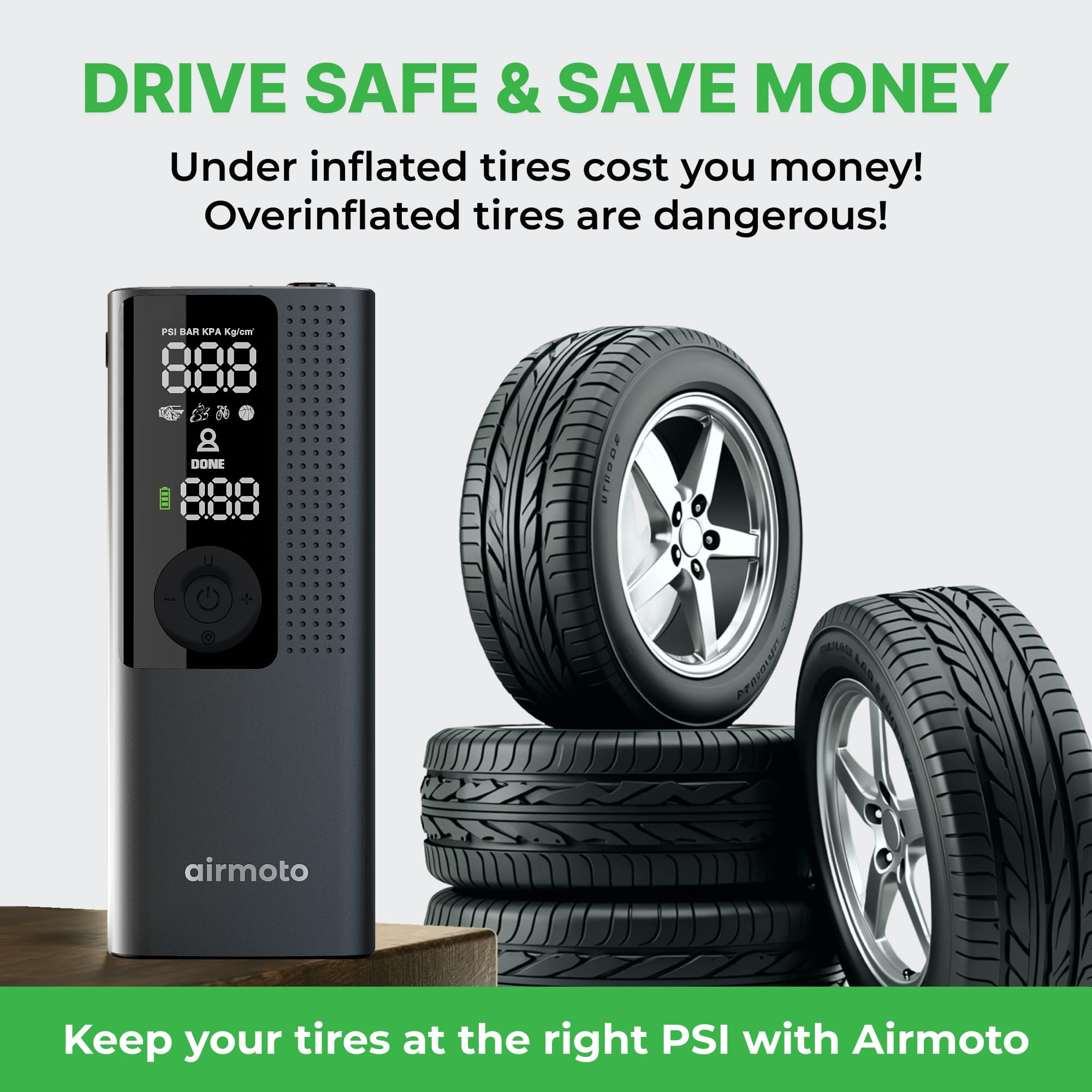 Airmoto Tire Inflator Portable Air Compressor - Air Pump for Car Tires with Digital Pressure Gauge, LED Light and Auto Shut-Off Function - Cordless Pump for Car, Motorcycle, Bicycle, Balls and More