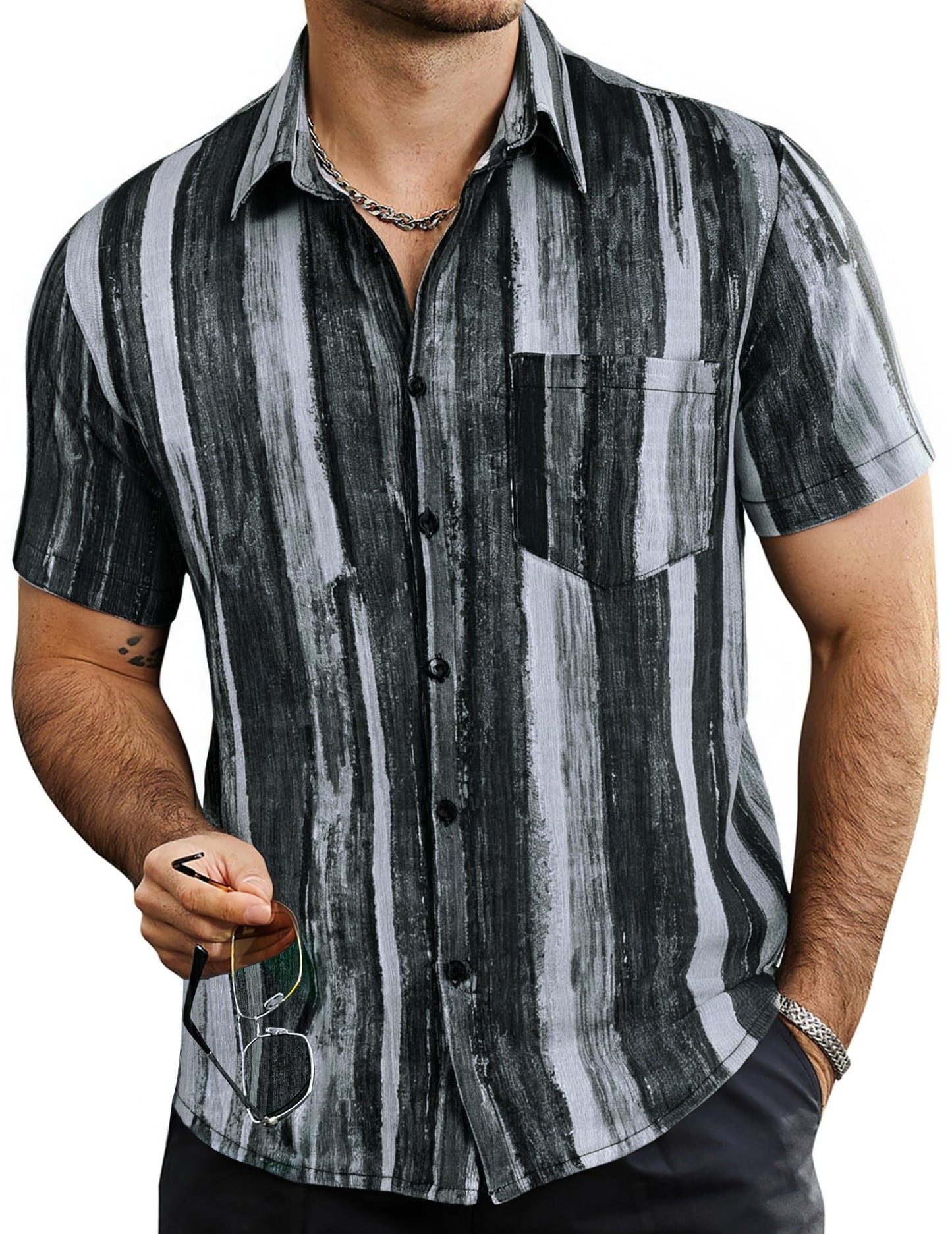 VATPAVE Mens Summer Striped Shirts Button Down Short Sleeve Vintage Beach Hawaiian Shirts with Pocket