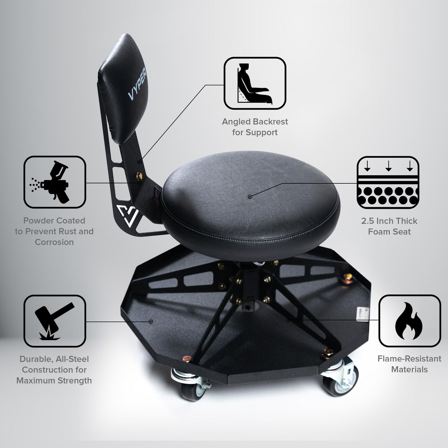Vyper Robust Steel Sport Shop Chair for Mechanics, Automotive, DIY - Made in USA - 300 lb Capacity Garage Stool with Backrest and Large Wheels