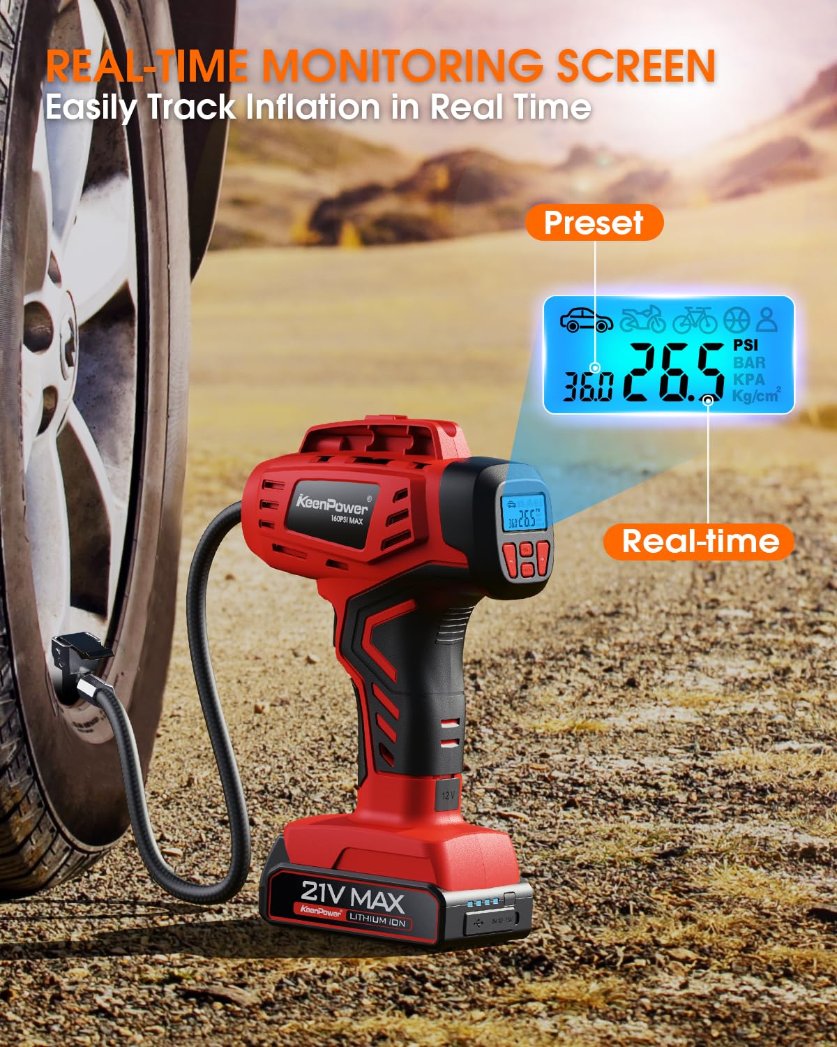 KeenPower Digital Cordless Tire Inflator Portable Air Compressor Automatic 160PSI w/Gauge Screen & 4+N Smart Mode & Dual Power Supply, Rechargeable 21V Battery Powered Handheld Air Pump, Car Tire Pump