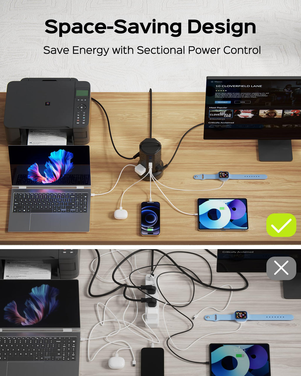 Power Strip Tower Surge Protector, JACKYLED 1625W 13A Outlet Surge Electric Tower, 12 Outlets 6 USB Ports Charging Station with 16AWG 6.5ft Heavy Duty Extension Cord for Home Office Dorm