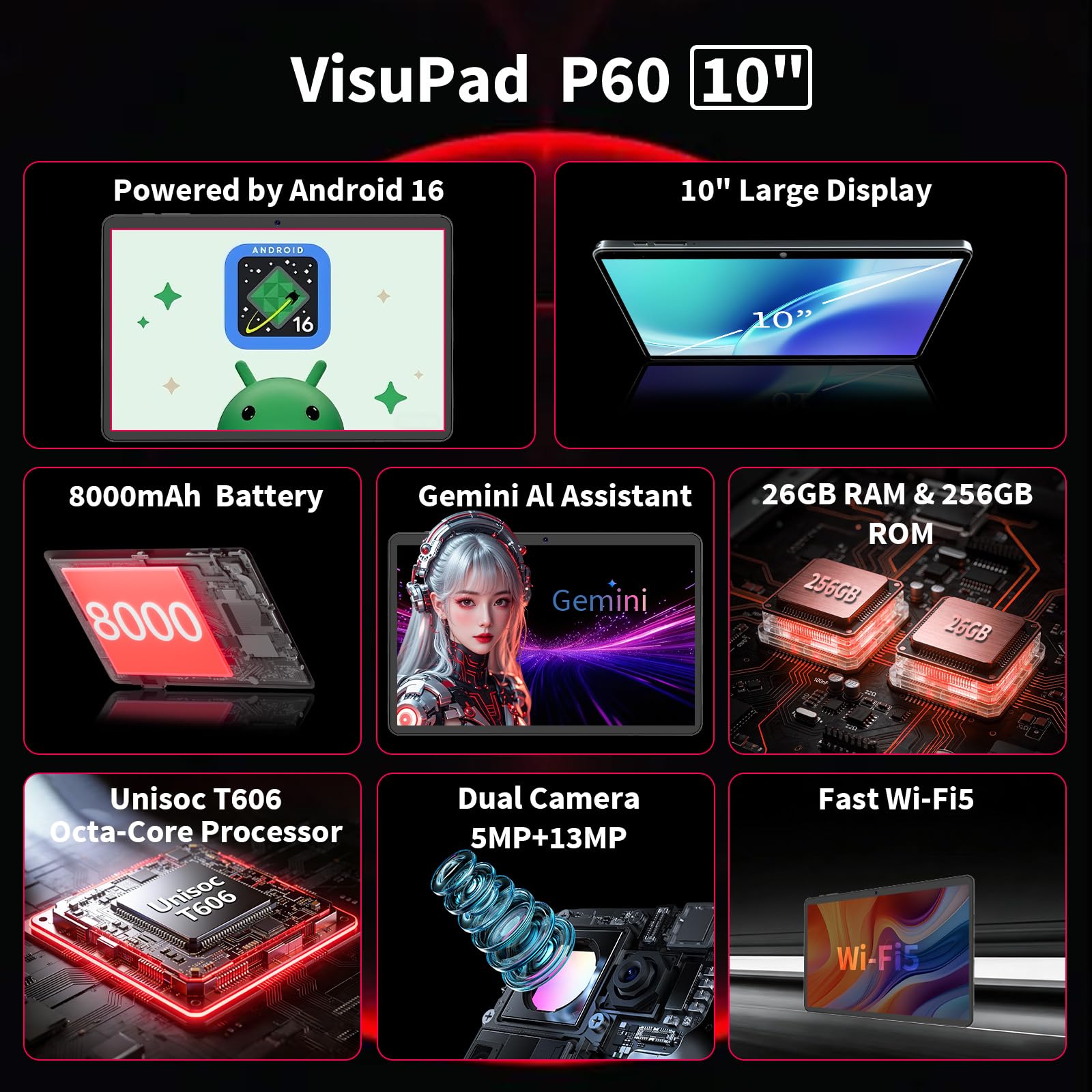Android tablet, 2026 10 inch Android 16 tablet with keyboard, 26GB+256GB+2TB Expand, AI Tablet with Gemini, 8-Core, 8000mAh, 5G WiFi, GPS, GMS, Electronics Tablets with Case/Mouse/Stylus(Black Case)