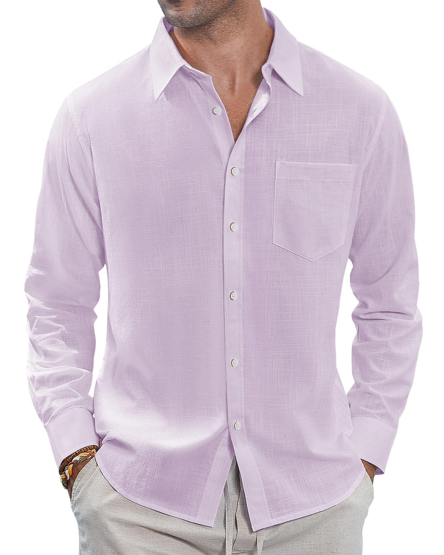 J.VER Men's Linen Shirts Casual Button Down Long Sleeve Shirt Solid Spread Collar Summer Beach Shirts with Pocket