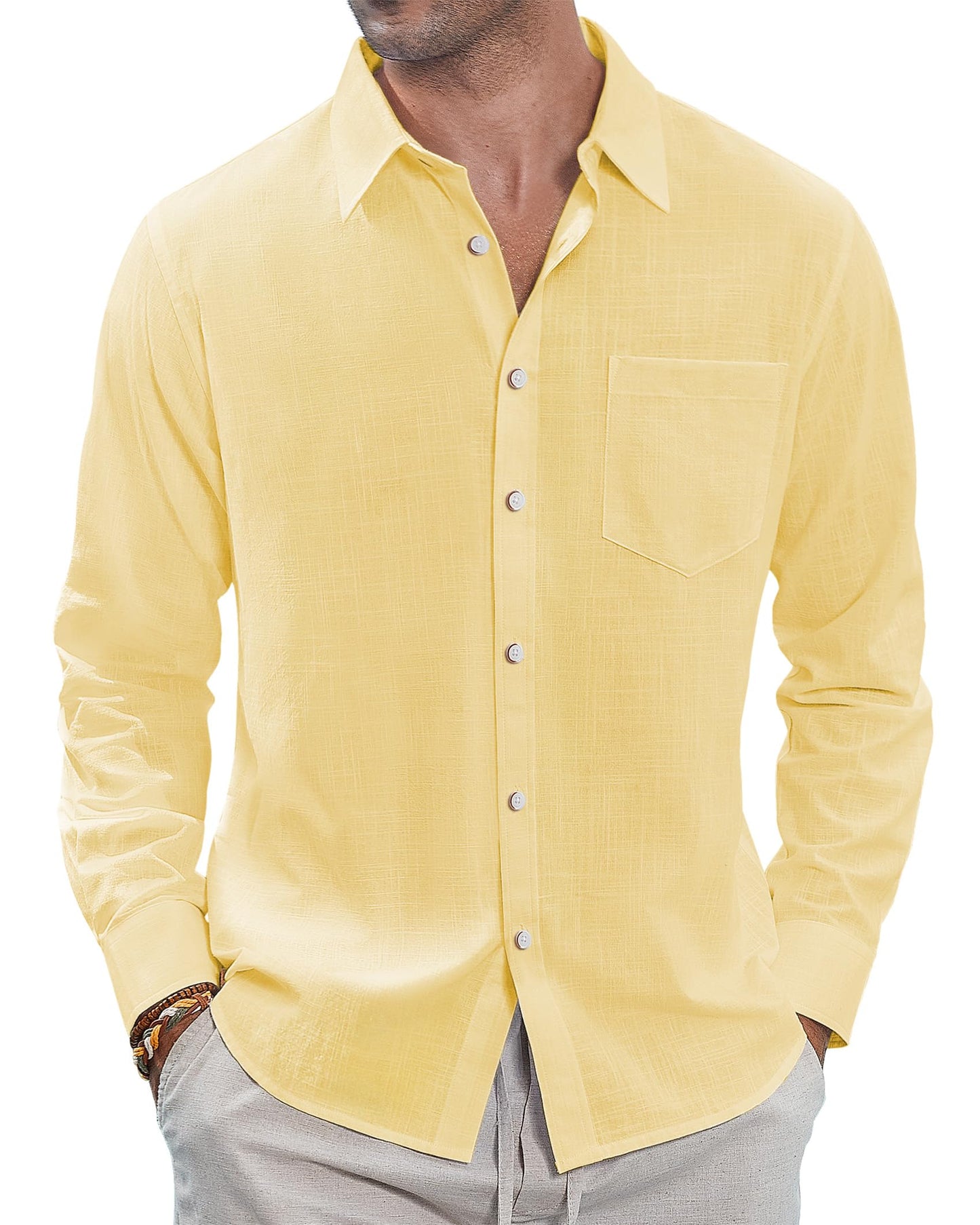 J.VER Men's Linen Shirts Casual Button Down Long Sleeve Shirt Solid Spread Collar Summer Beach Shirts with Pocket