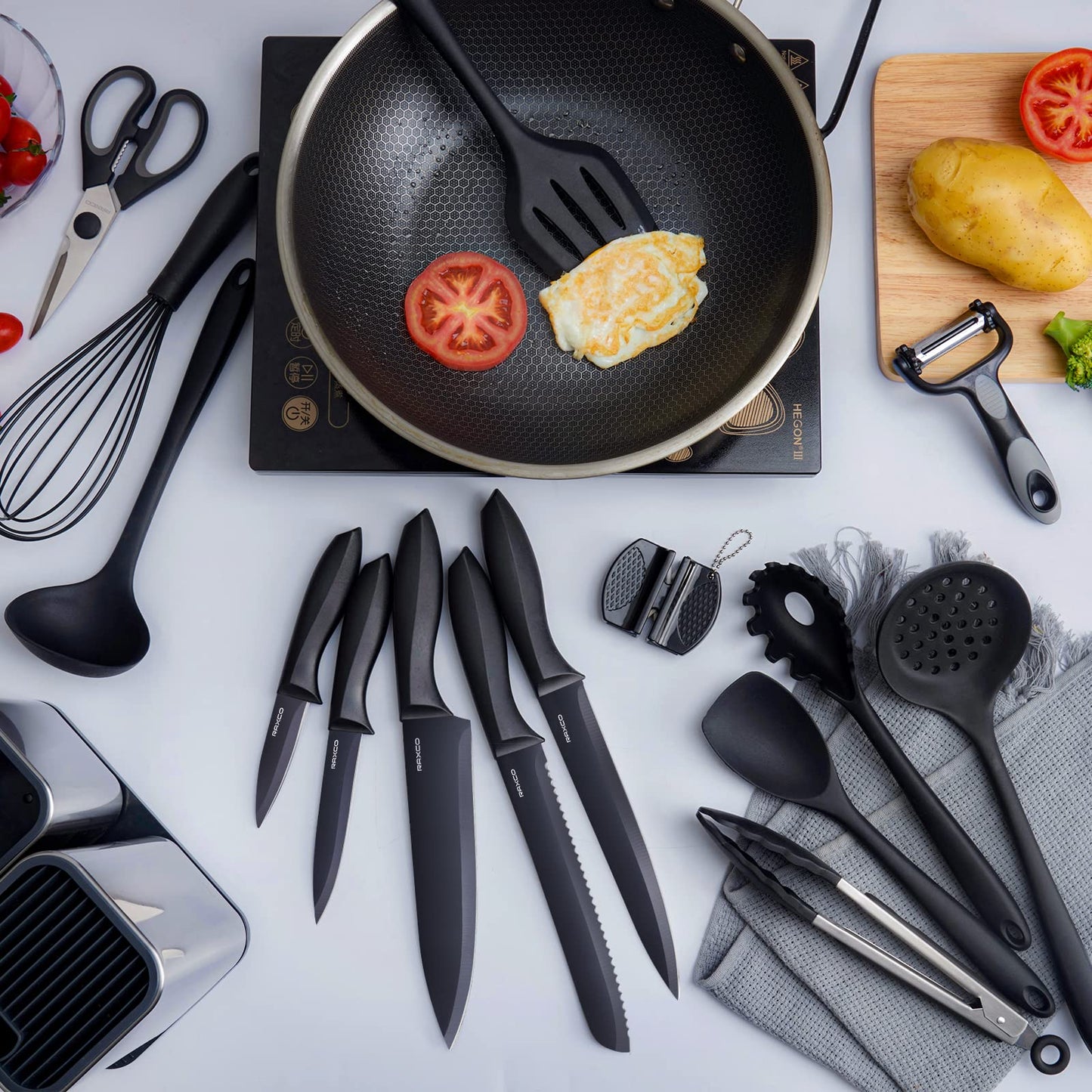 RAXCO Kitchen Utensils Set For Cooking-7 Cooking Utensils,5 Kitchen Utensils,6 Knife set,utensilios de cocina(18-in-1)