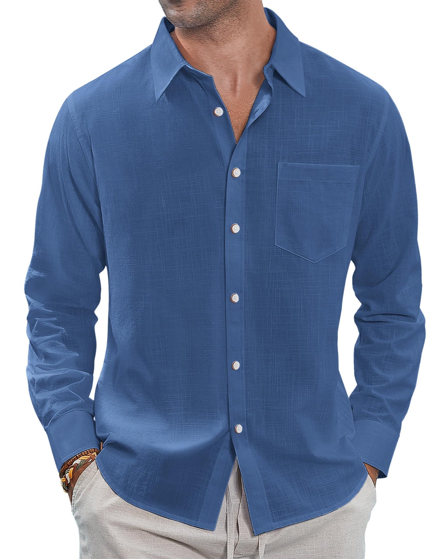 J.VER Men's Linen Shirts Casual Button Down Long Sleeve Shirt Solid Spread Collar Summer Beach Shirts with Pocket