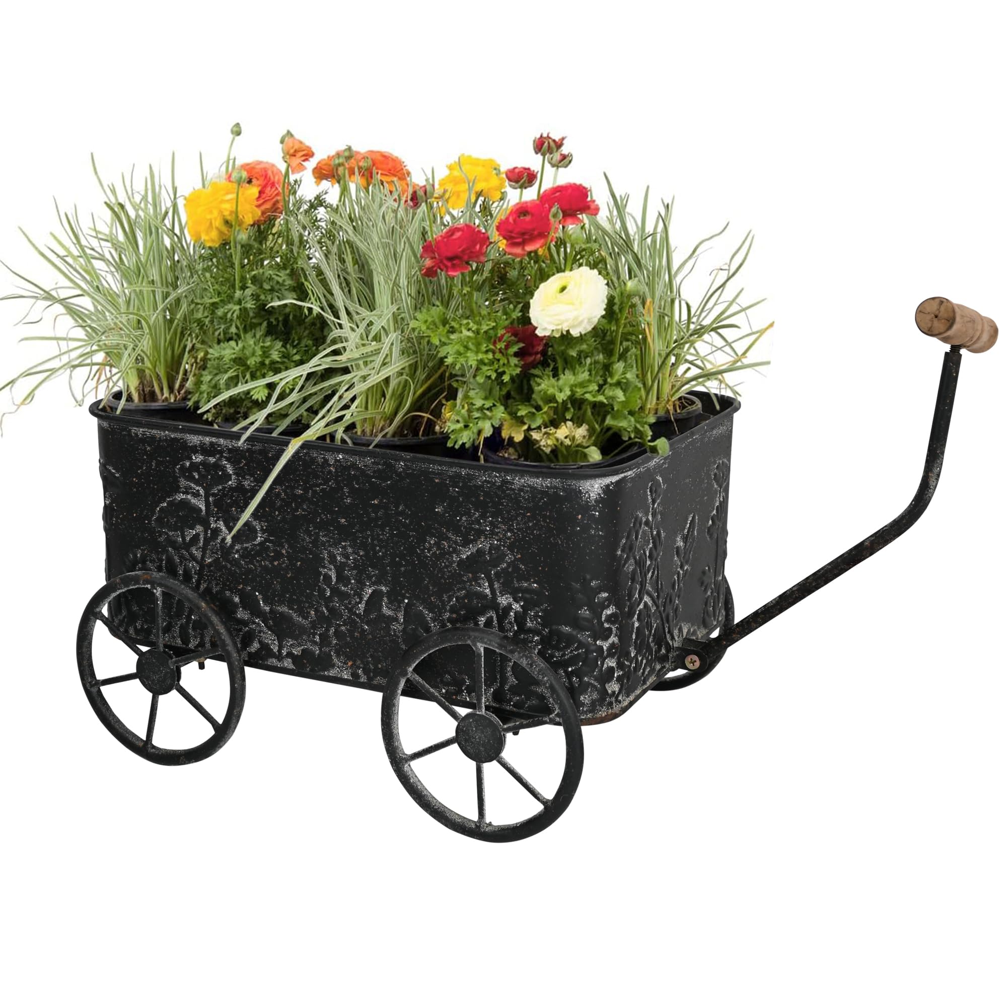 Zokyntrix Flower Cart with Wooden Handles, Metal Wagon Planters for Outdoor Plants, Garden Planter with Wagon Wheels, Decorative Wheelbarrow, Plant Cart for Patio Garden Balcony