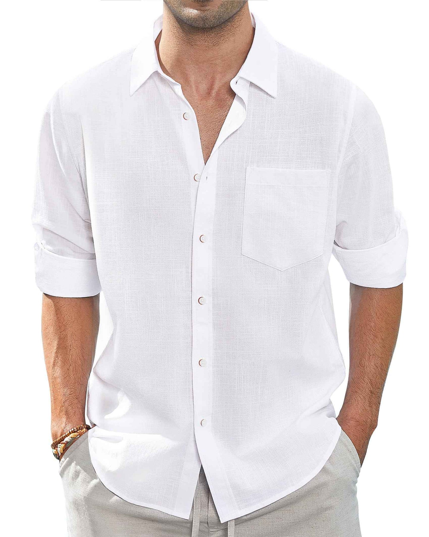 J.VER Men's Linen Shirts Casual Button Down Long Sleeve Shirt Solid Spread Collar Summer Beach Shirts with Pocket