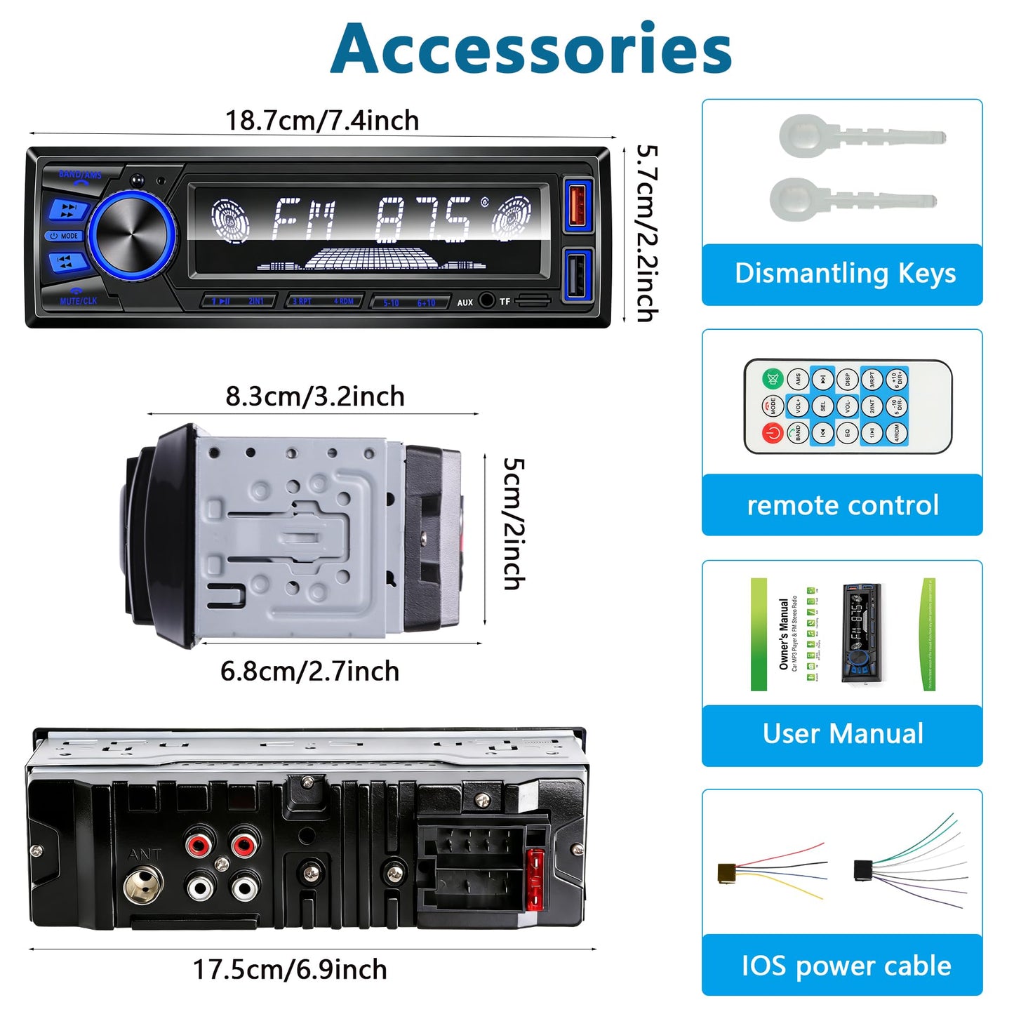 Car Radio Bluetooth Single DIN Car Stereo with Bluetooth,Car Audio with Push to Talk Button for Handsfree Calling,FM/ MP3/EQ/SD/AUX,Dual USB,iOS & Android App Control,7 LED Colors | No CD Player