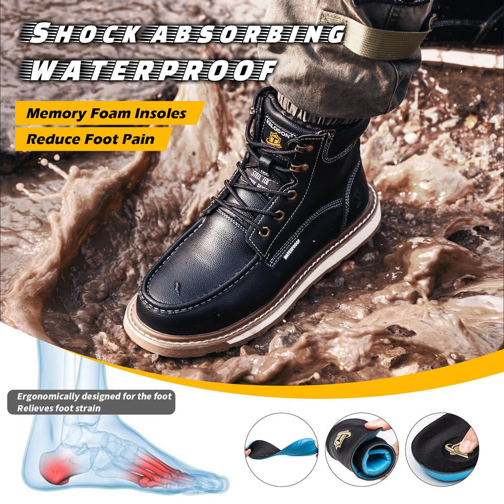 KELODON Waterproof Steel Toe Boots For Men-6" Leather Moc Toe Work Boots Mens Steel Toe Shoes Indestructible Non Slip Resistant Construction Safety Boot
