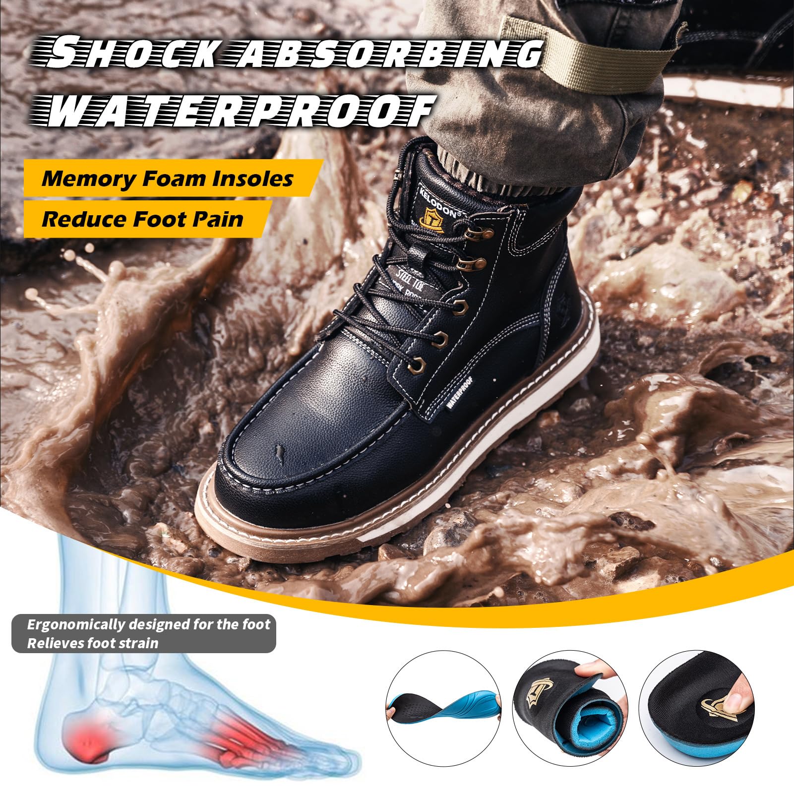 KELODON Waterproof Steel Toe Boots For Men-6" Leather Moc Toe Work Boots Mens Steel Toe Shoes Indestructible Non Slip Resistant Construction Safety Boot