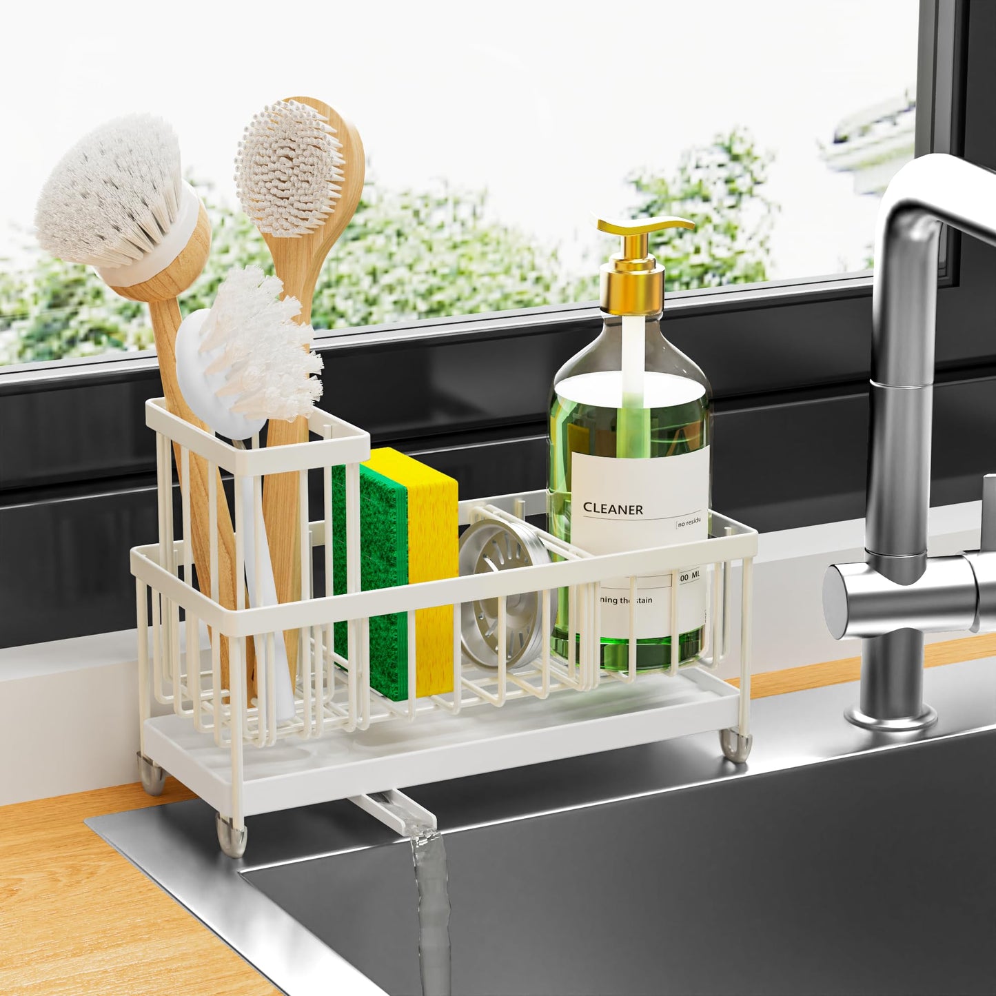 Cisily Sponge Holder for Kitchen Sink, Sink Caddy Organizer with High Brush Holder, Kitchen Countertop Organizers and Storage Essentials, Rustproof 304 Stainless Steel